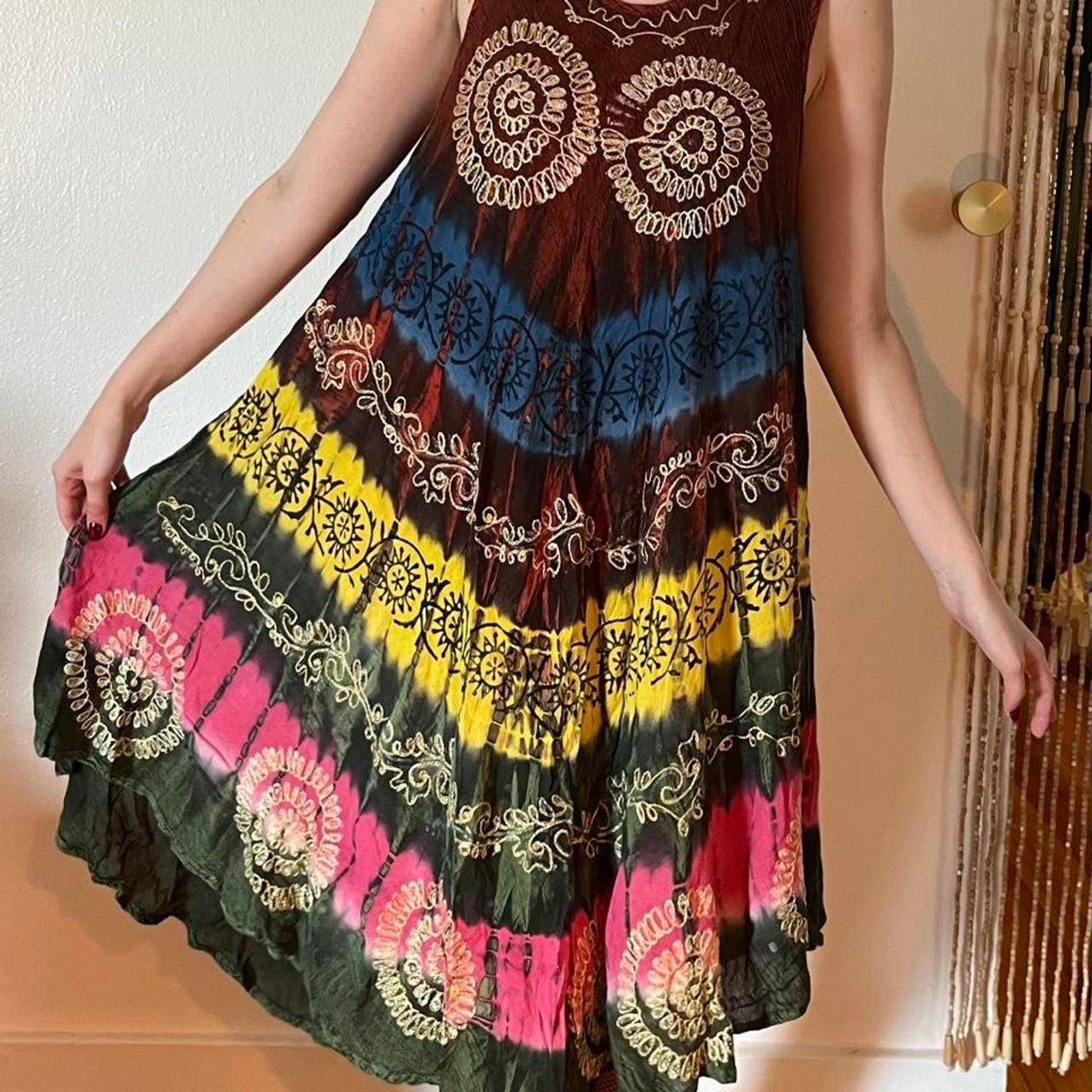 Vintage 90s Tie-Dye Viscose Mumu Breezy Boho Free Size Spirals Hippie