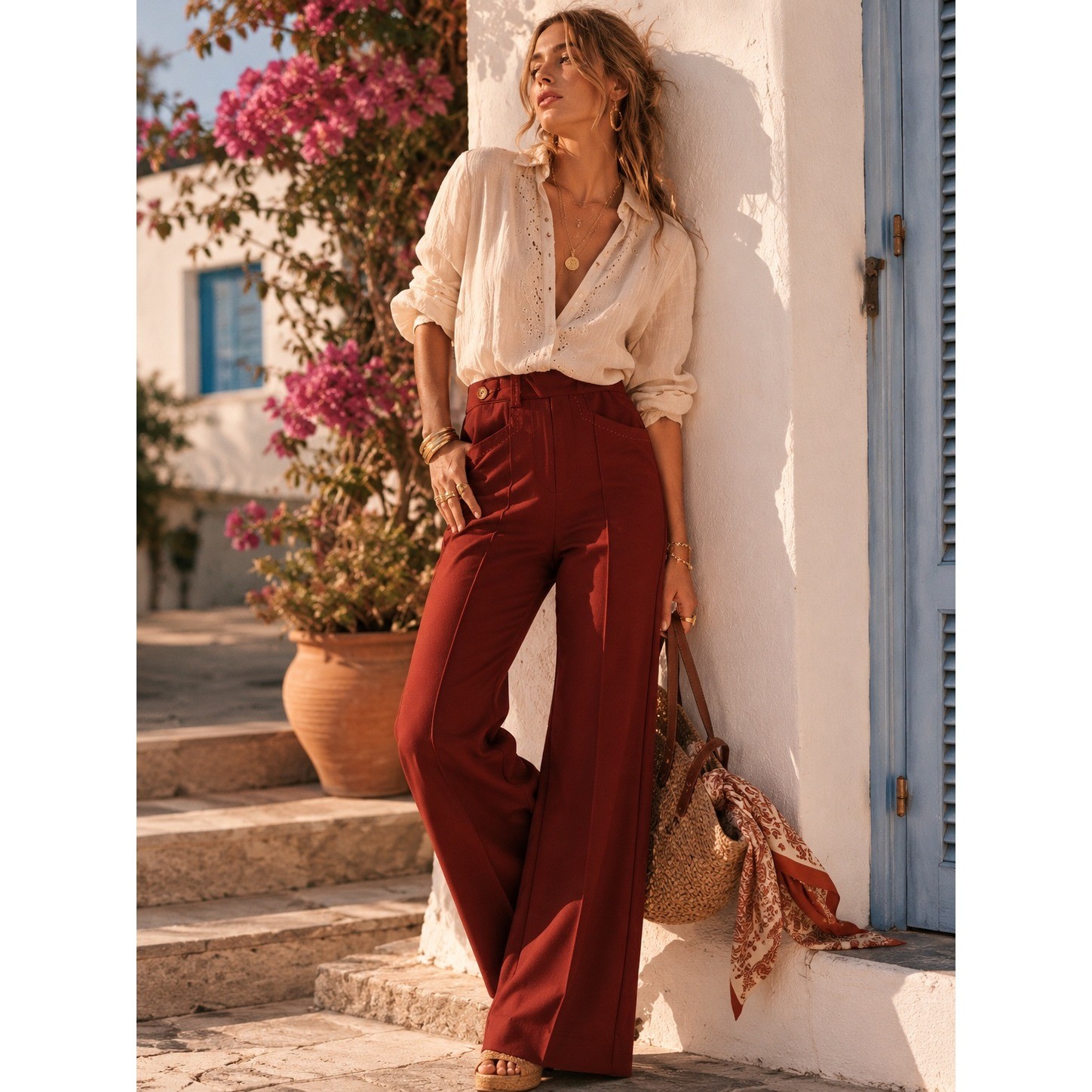 Vintage 70s Celanese Fortrel Wide Leg Trousers Rust Polyester High Rise Size 27