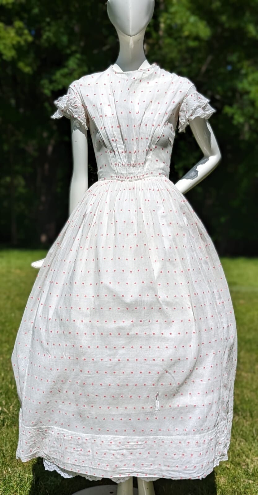 CIVIL WAR ERA SHEER PINK SWISS DOT MUSLIN SUMMER DRESS W CAP SLEEVES