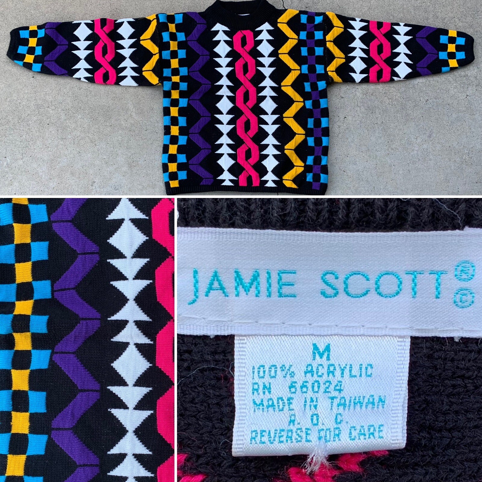 vintage multi-color colorful geometric sweater 1980s 80s Jamie Scott size M