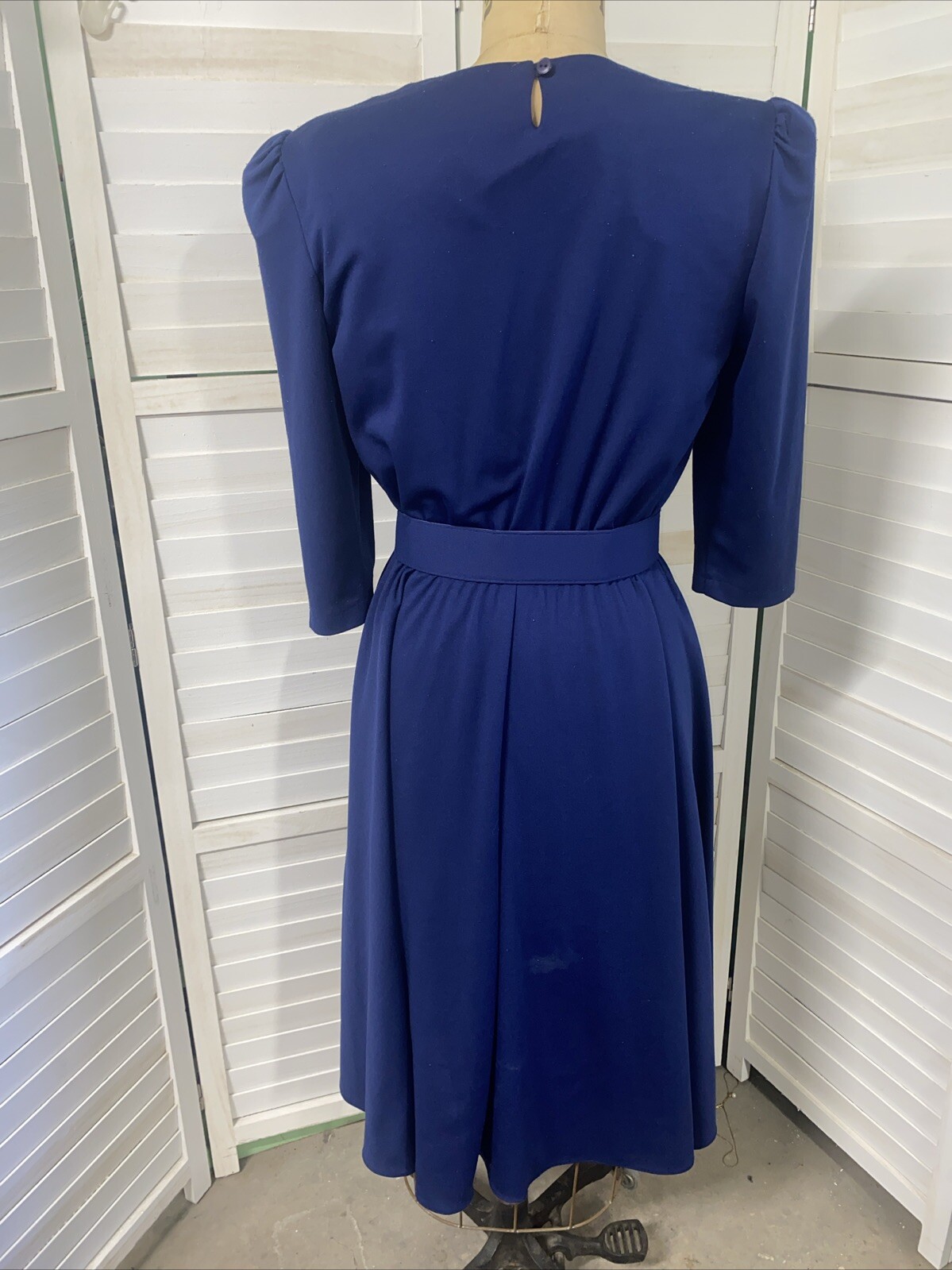 Vtg 80s Whirlaway Frocks Navy 3/4 Sleeves Pleated Belted Fit & Flare Dress Sz 10