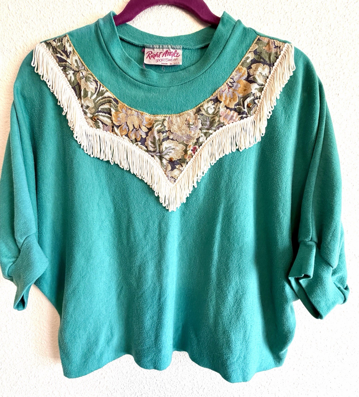 VINTAGE 80s CROP KNIT SHIRT WESTERN FRINGE YOKE APPLIQUE festival western cowboy