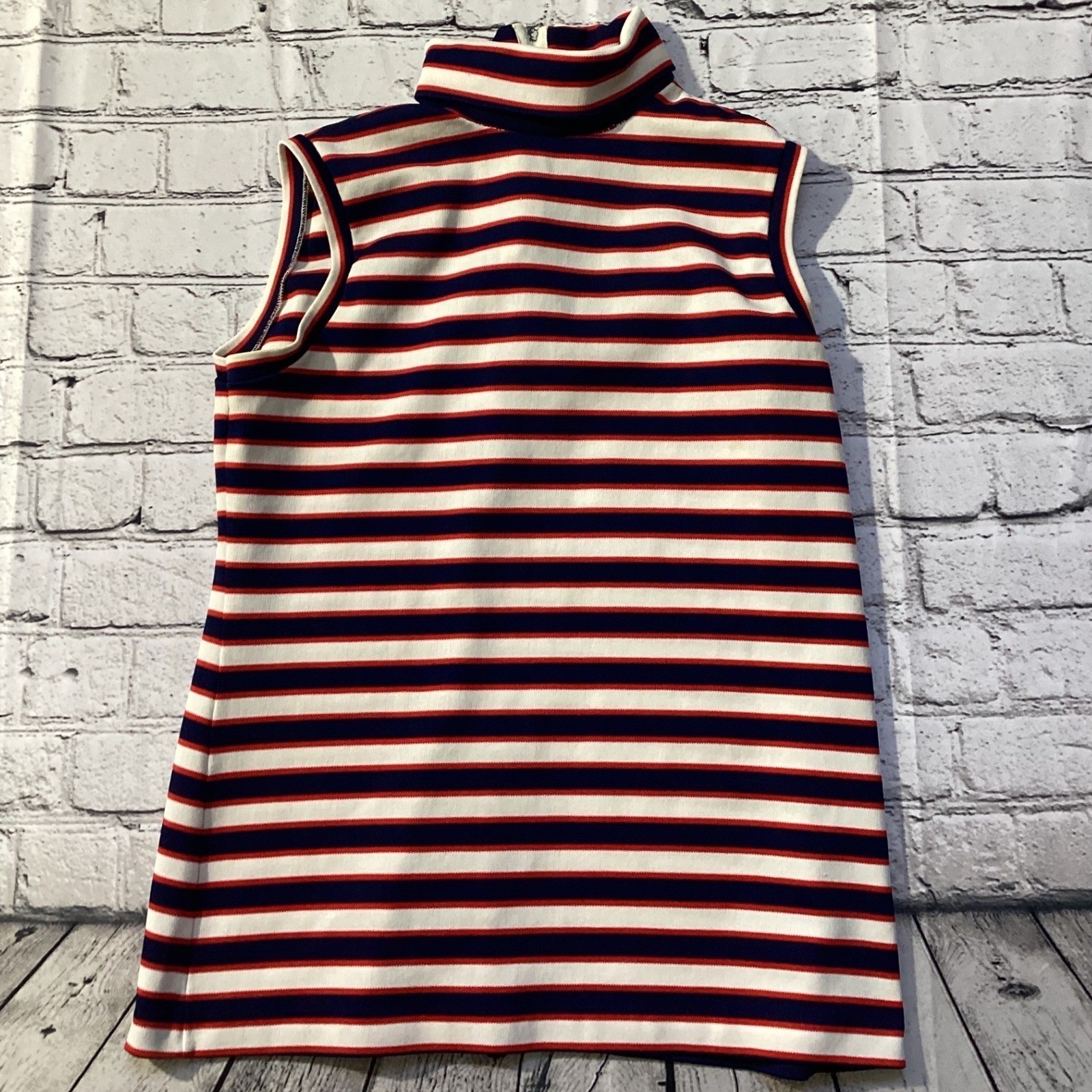 Vintage Aileen Sleeveless Turtleneck Top Red White Blue Striped Retro Knit L