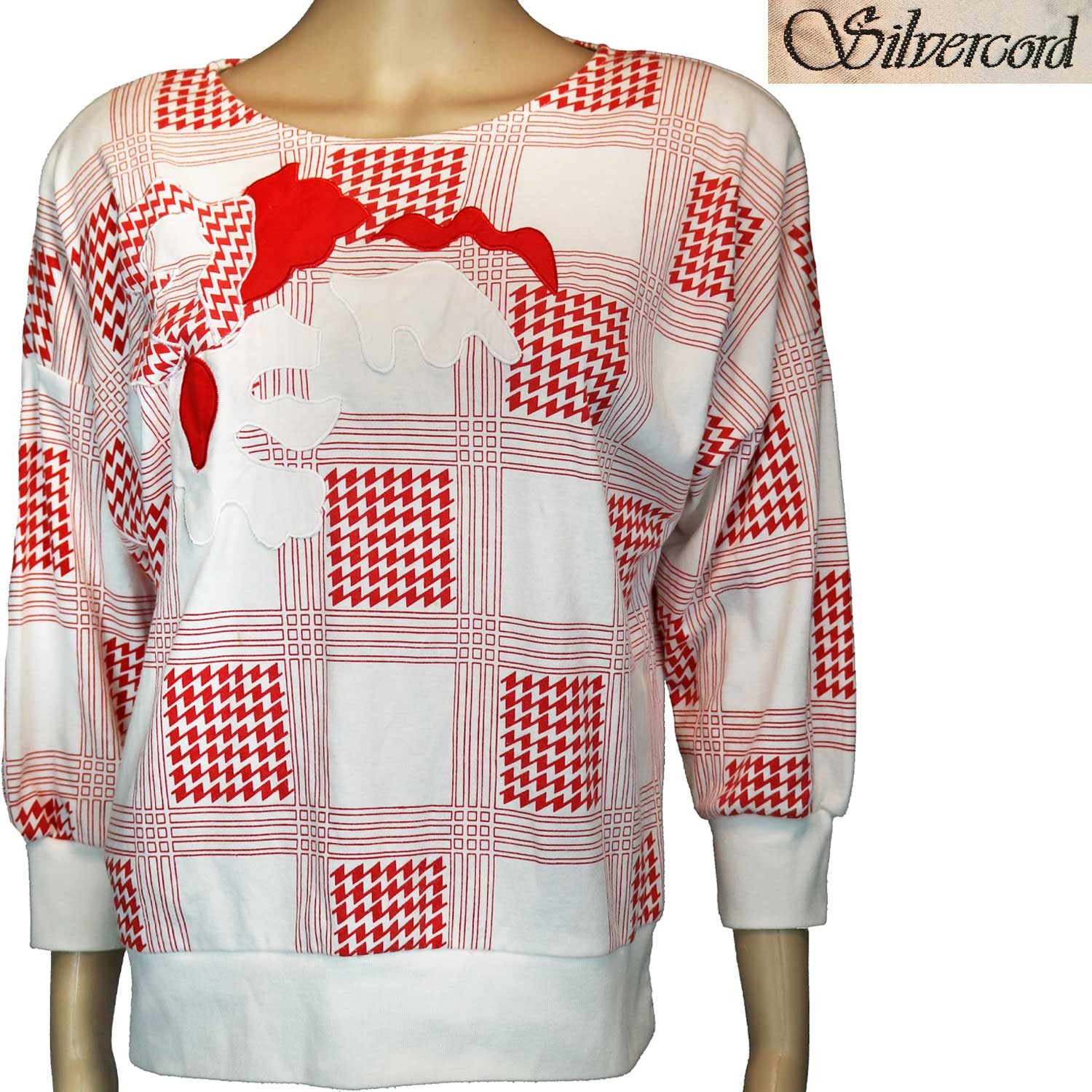 1980s Vintage Pullover Top Shirt Red White Embroidery Applique Silvercord Large