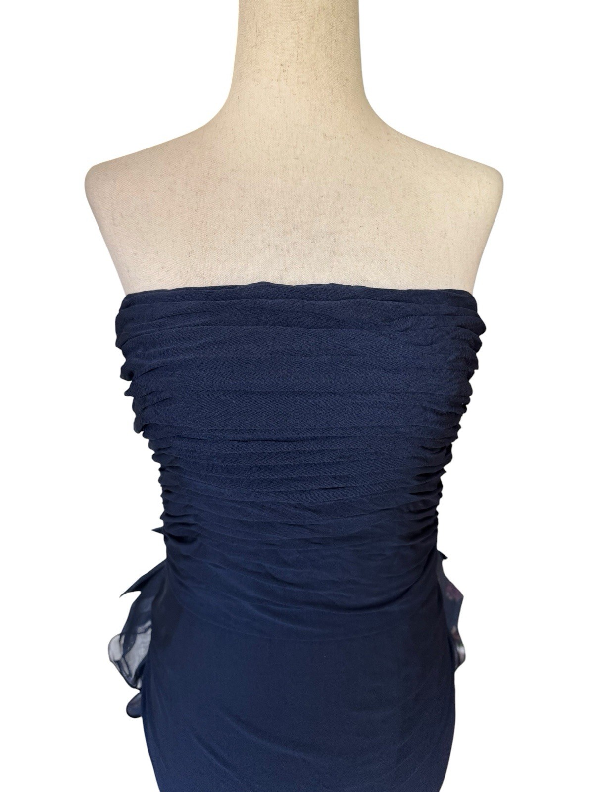 Vintage 70s 80s Jill Richards Strapless Navy Ruffle Bow Maxi Evening Dress Gown