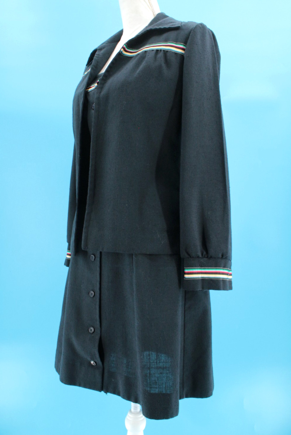 Vtg Women’s 70s 2 Pc Black W/ Rainbow Trim Dress & Top / Shirt Set XS/S 1970s