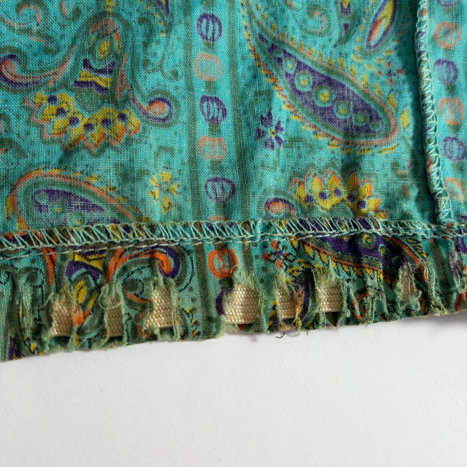 50s 60s Crop Top Teal Paisley 3/4 Sleeve Tie Hem Sz 32 DISTRESSED AS IS