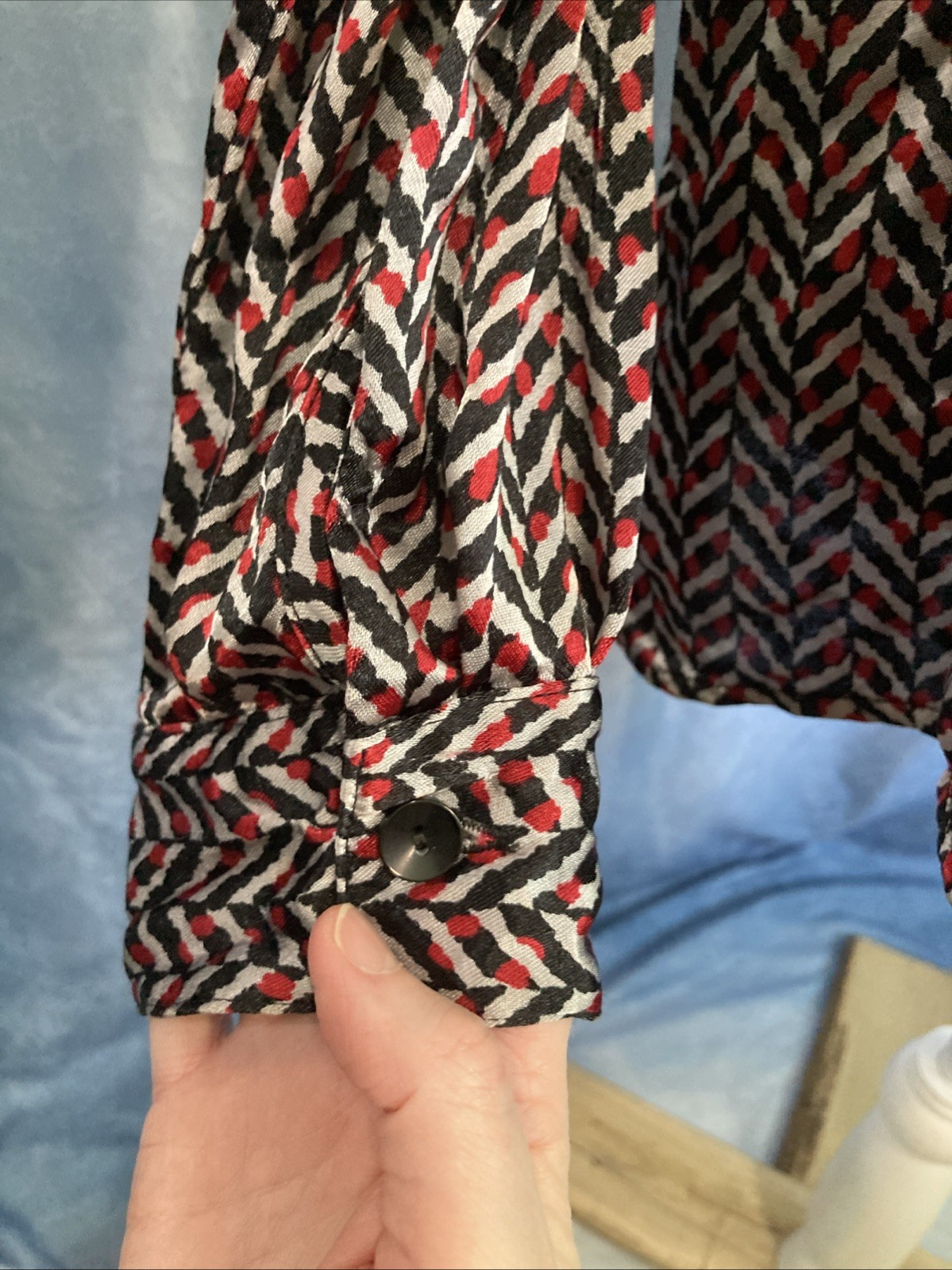 Vtg 80s 90s Gianni Rayon Satin Blouse Geometric Chevron Pads Shawl Collar 14 M