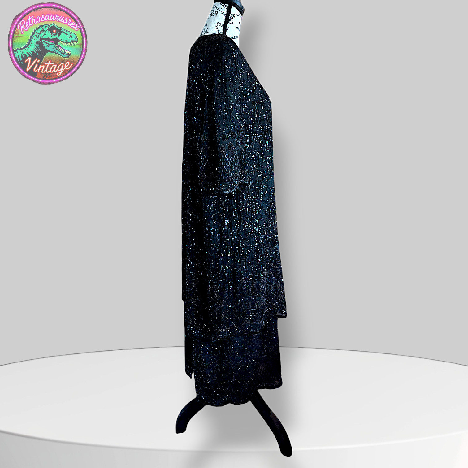 Vintage Bombshell Glam Silky Nites Beaded Sequin Black Gown, 2X Plus