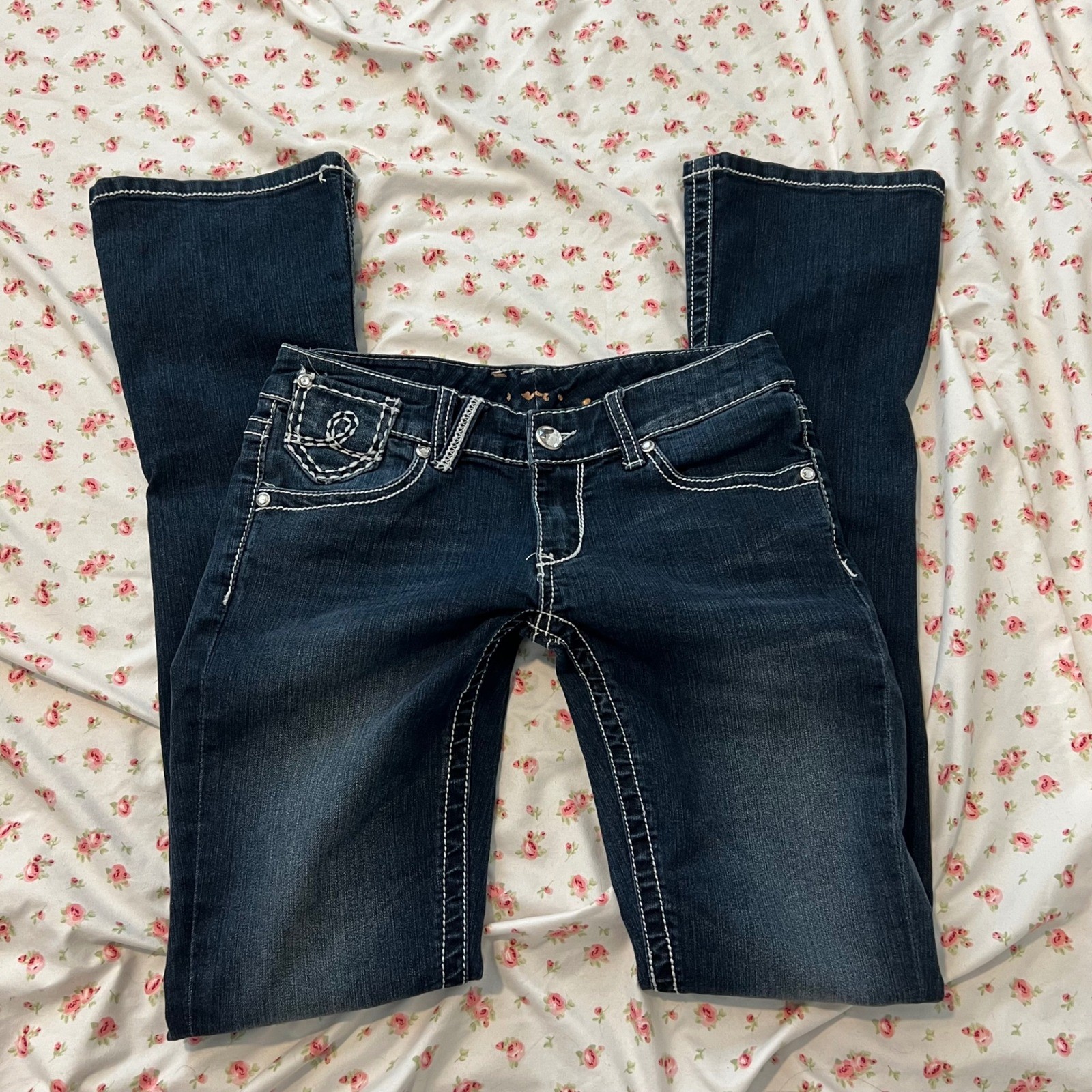 vintage low rise contrast stitch dark wash bootcut jeans