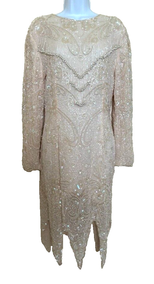 I. Magnin Beaded Pearl Fringe Dress Pink Champagne L/S Uneven Hem V Back Medium