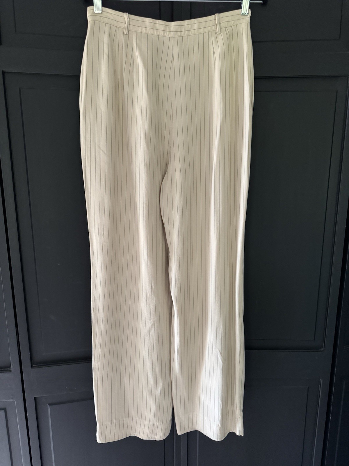 Anne Klein II Beige Pinstripe Pleated Wide-Leg Rayon Nylon Cotton Dress Pants