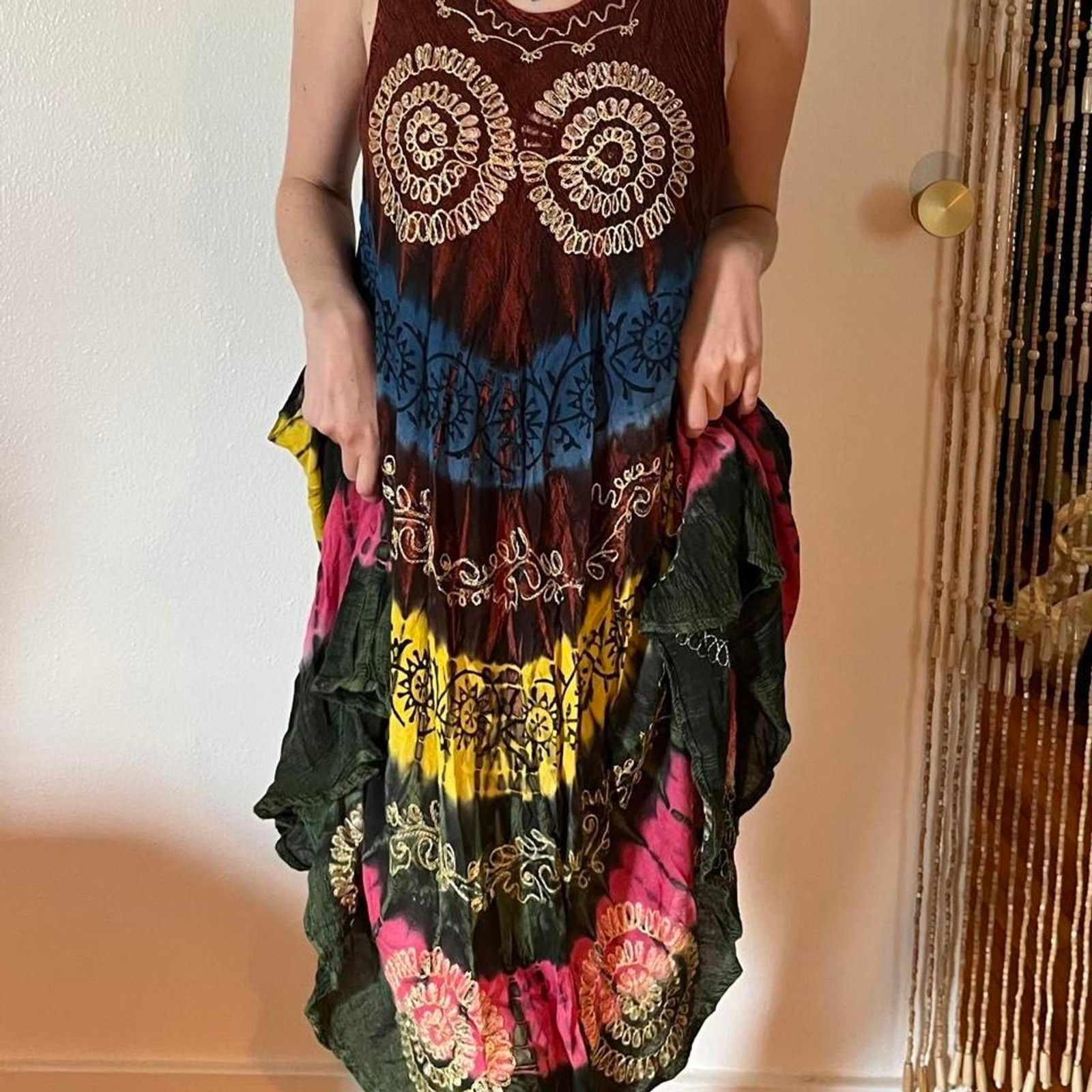 Vintage 90s Tie-Dye Viscose Mumu Breezy Boho Free Size Spirals Hippie