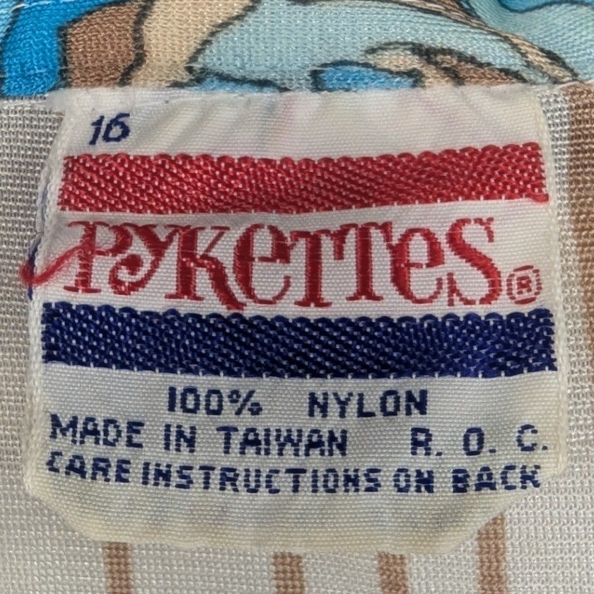 Vintage Pykettes 70s Floral Geometric Nylon Button Up Blouse Blue Brown Size 16