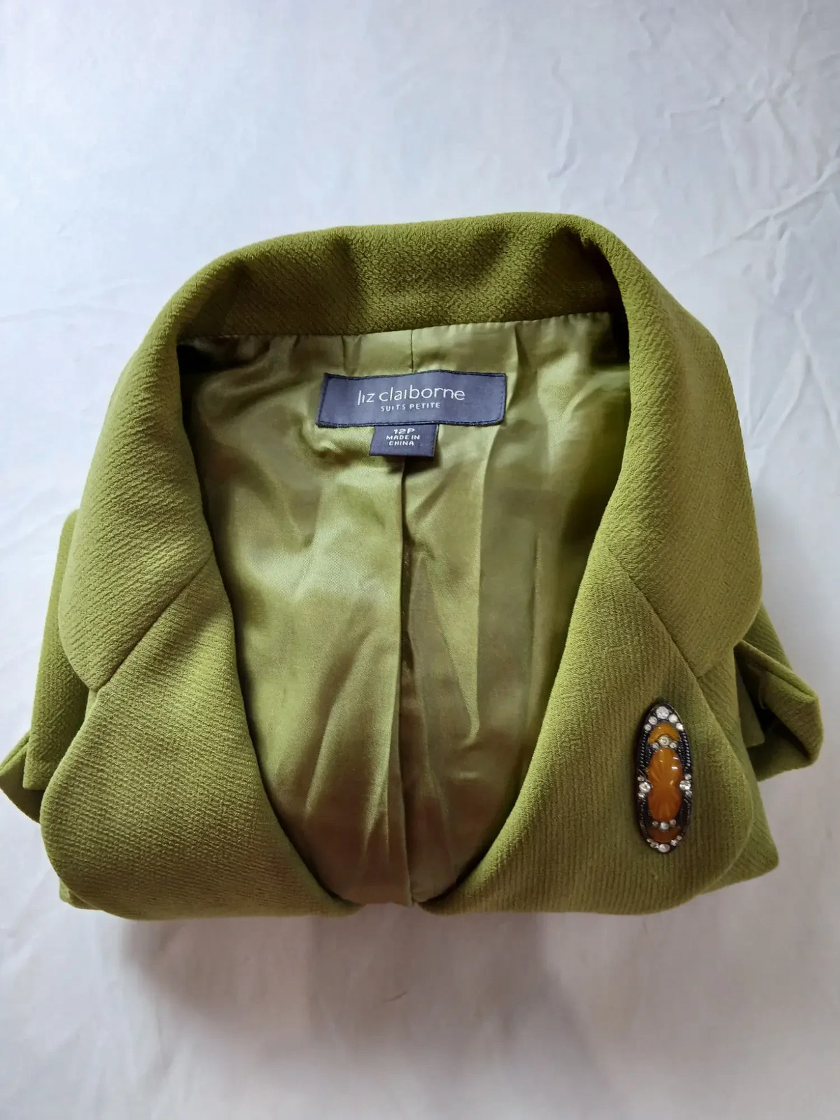 Vintage LIZ CLAIBORNE Women Skirt Suit Size 12P Olive Green Jacket Skirt