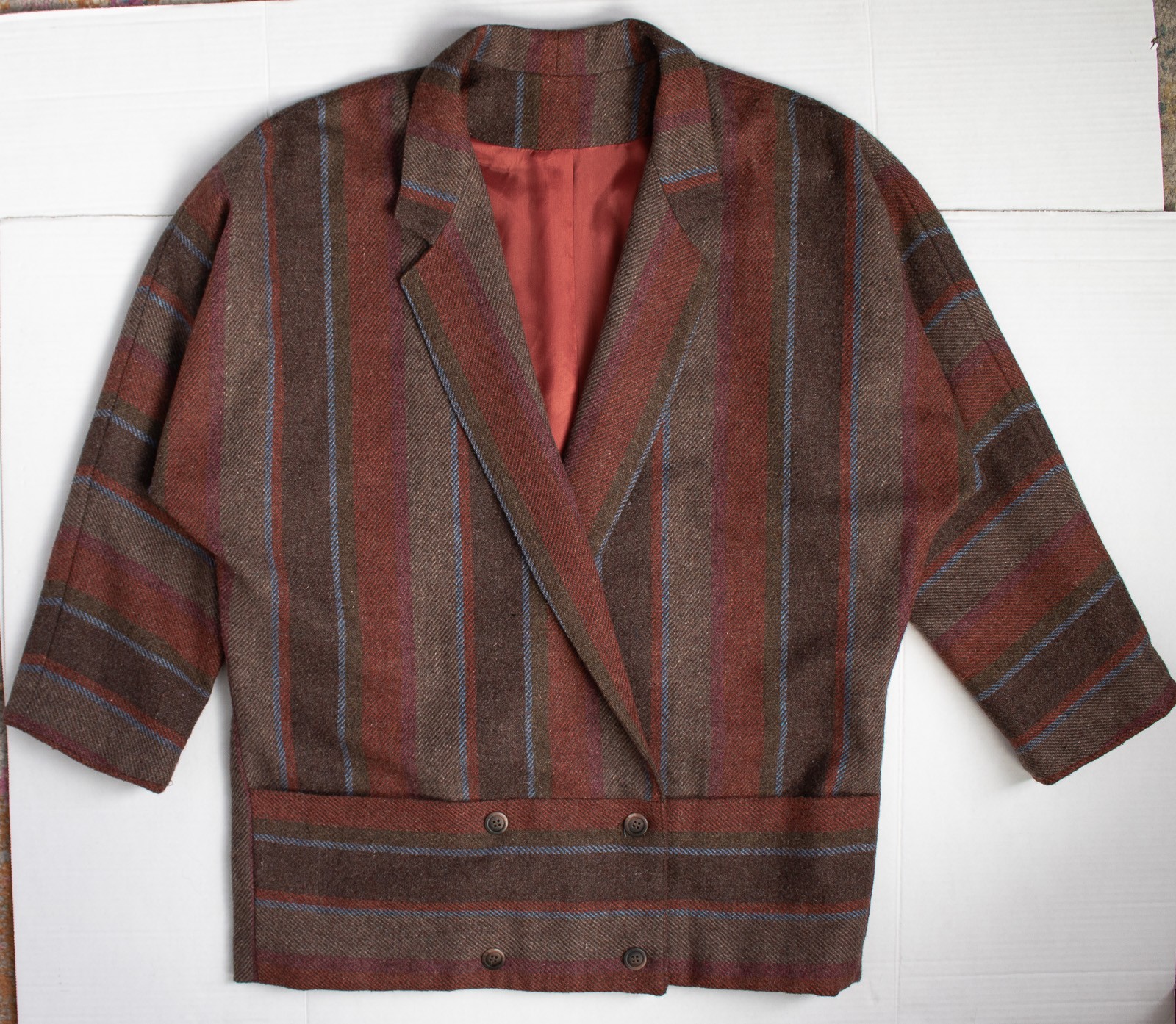 1970s Vintage Wool Tweed Dolman Sleeve Jacket Drop Waist Brown Orange Fall L