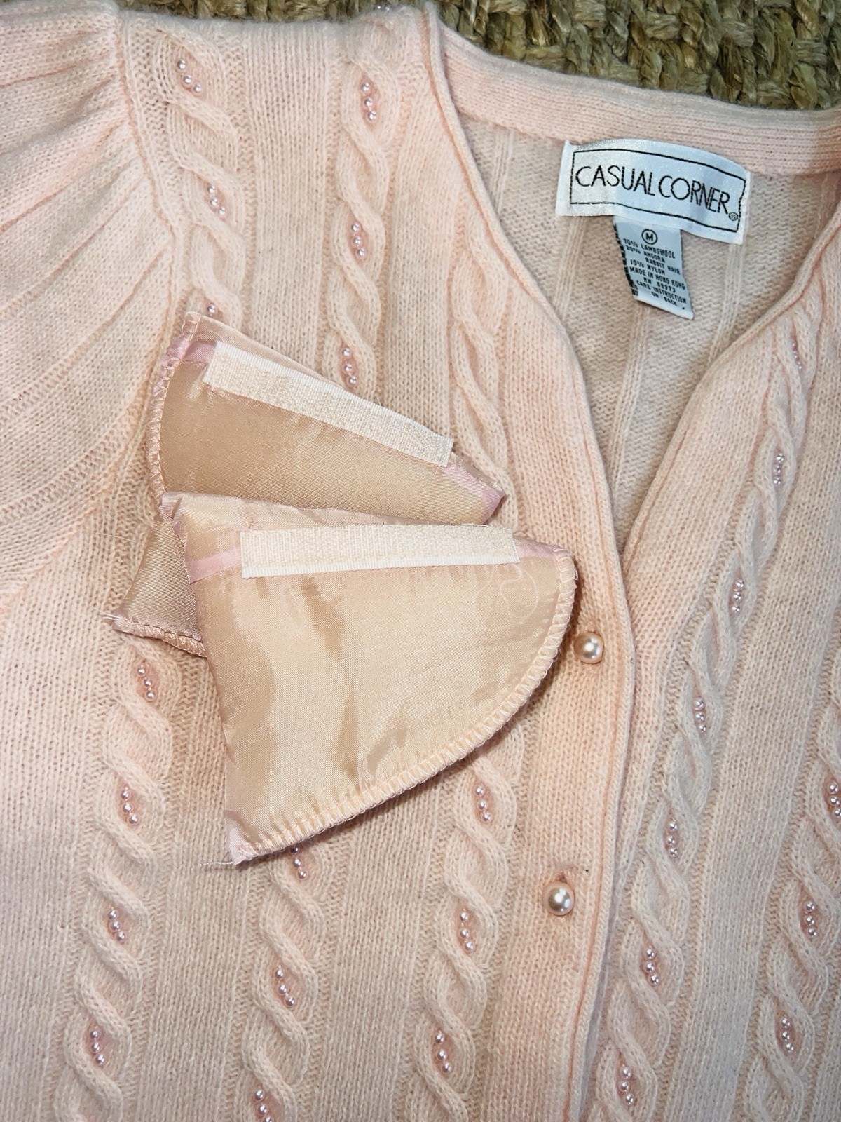 CASUAL CORNER 80’s Vintage 90s Angora Pearls Lambswool Cardigan Sweater M Pink