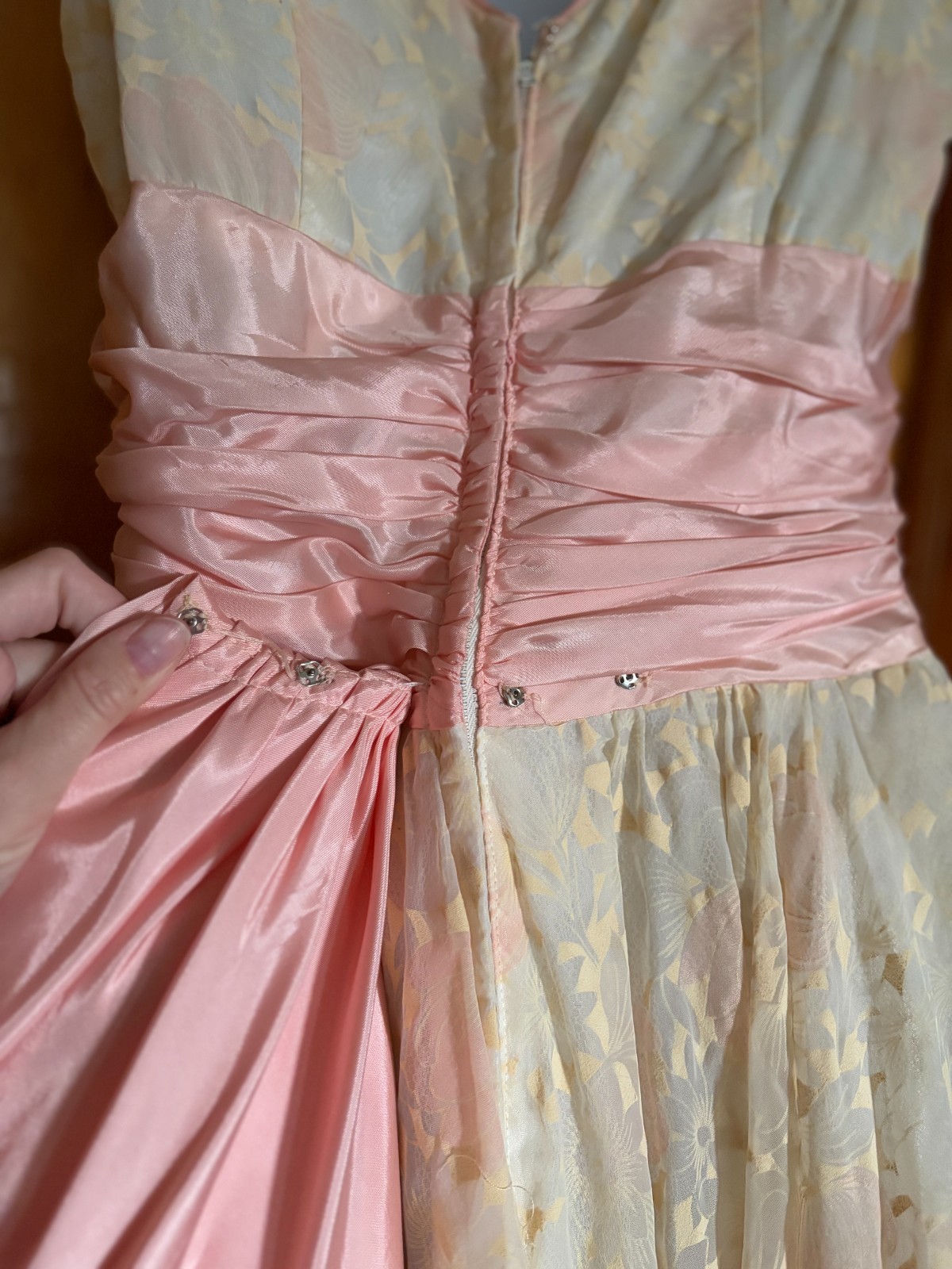 Vintage 1950s Organza Floral Party Dress S, Pink Satin Cummerbund Sash Fit & Fla