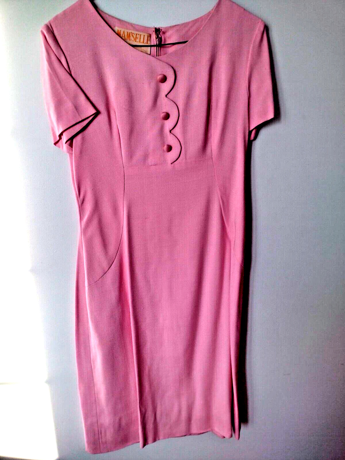 Vintage 1960s Linen scalloped detail cocktail dress and coat w/ massive bow EUC