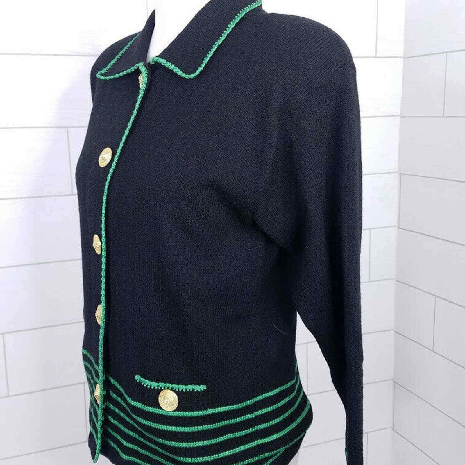 Helen Hsu Cardigan Sweater Santana Knit Black Green XS Vintage 90s Gold Buttons