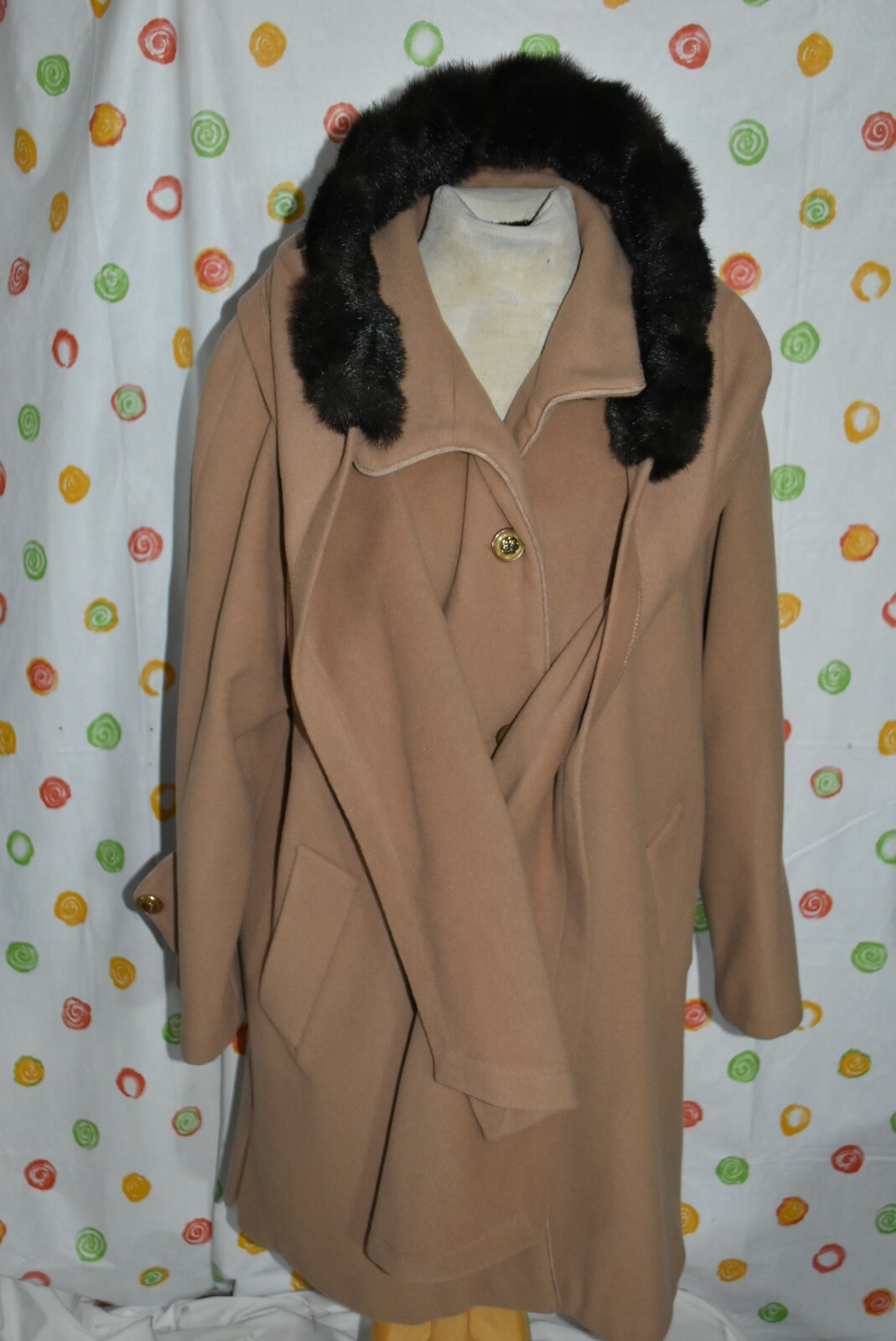 Vintage Dennis Basso WOOL blend BROWN DRESS hooded COAT WOMENS Large EUC