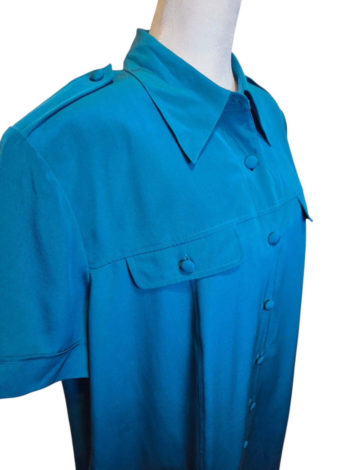 Vintage August Silk 100% Silk Teal Midi Shirt Dress Size 10 Shoulder Pads