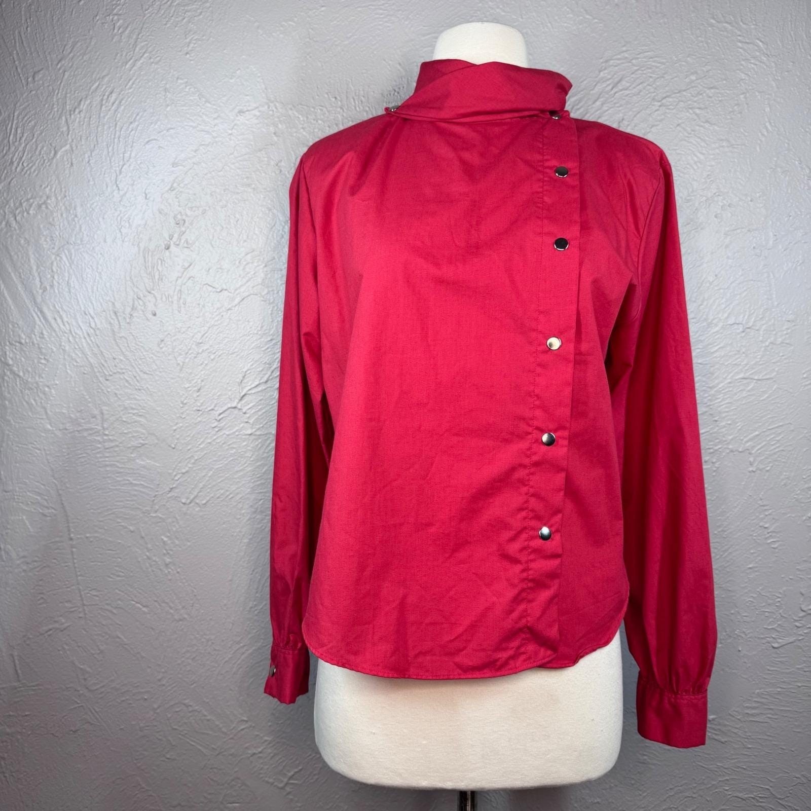 Vintage 80’s Women Med Red Long Sleeve New Wave Gold Button Asymmetrical shirt
