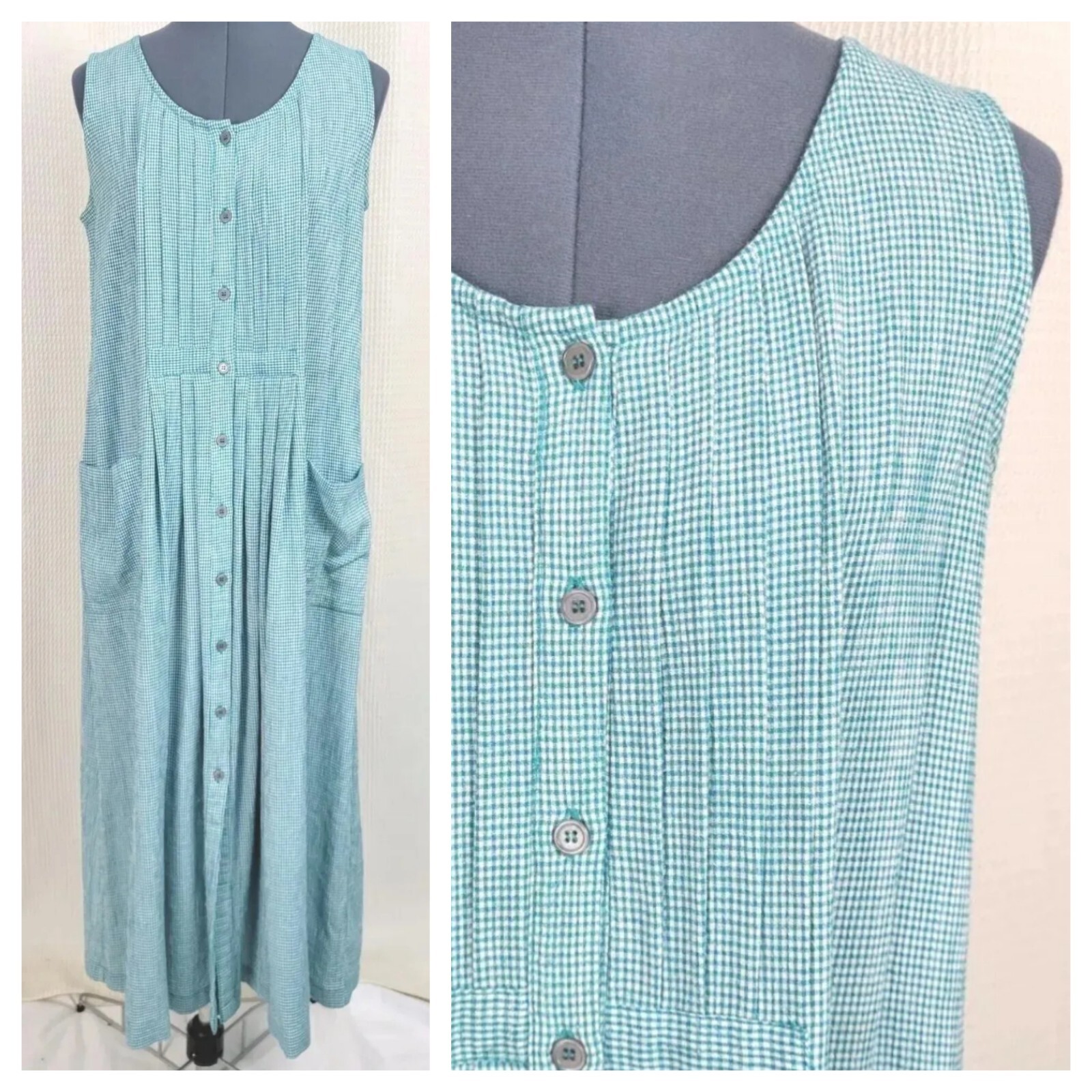 Vintage Cottagecore Together Teal Green & White Gingham Checked Jumper Sz SM