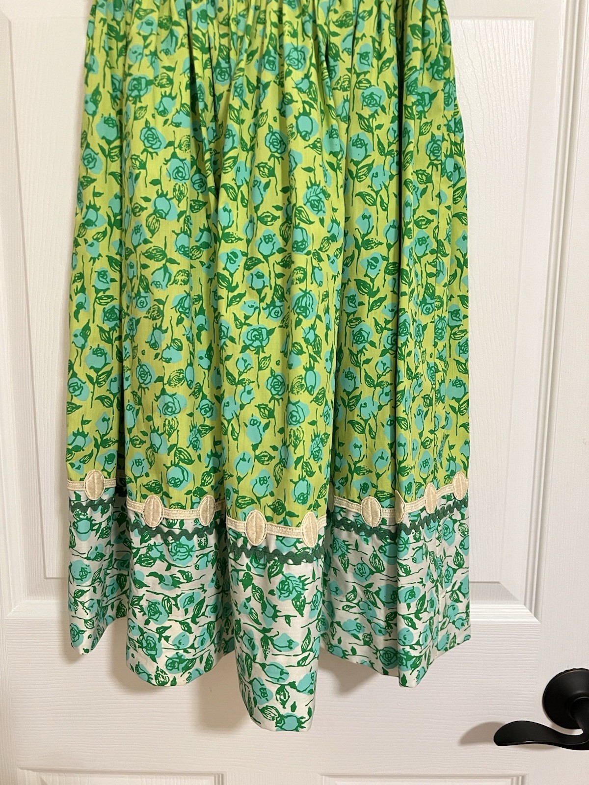 Vintage 1960s Lilly Pulitzer Dress Blue & Green Florals Rickrack Trim Tie Back