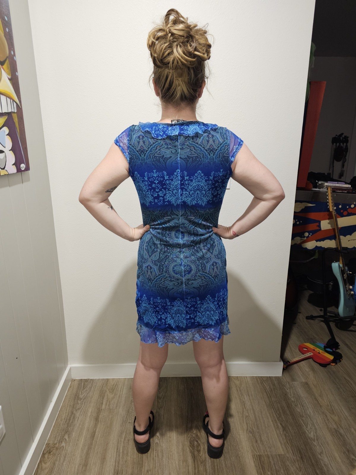 Street Code Vintage Y2K Fairy Core Dress Blue Asian V Neck Casual Med Lg 6 7 8 9