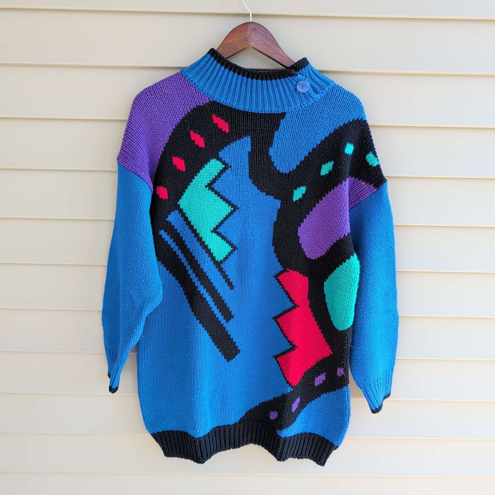 Jeanette Sweater Womens Medium Blue Geometric Abstract Vintage 80s Mock Neck