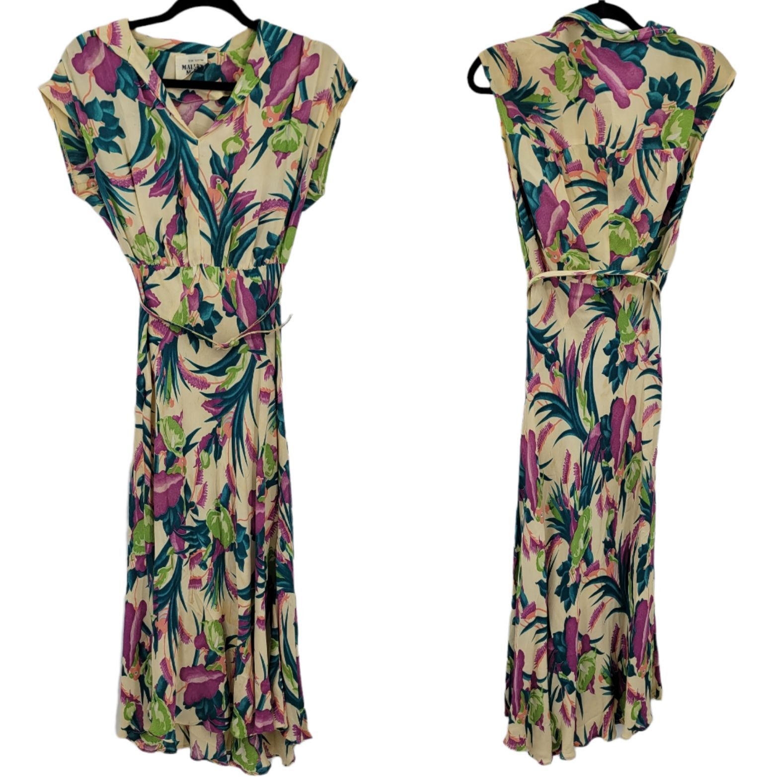 Vintage 70’s Women’s Dress XXS Peter Pan Belted Midi Tropical Love Bird Parrot