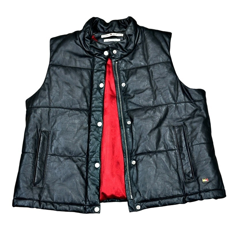 VTG Y2K Tommy Hilfiger Black Leather Puffer Vest XL Zip Snap Streetwear Normcore