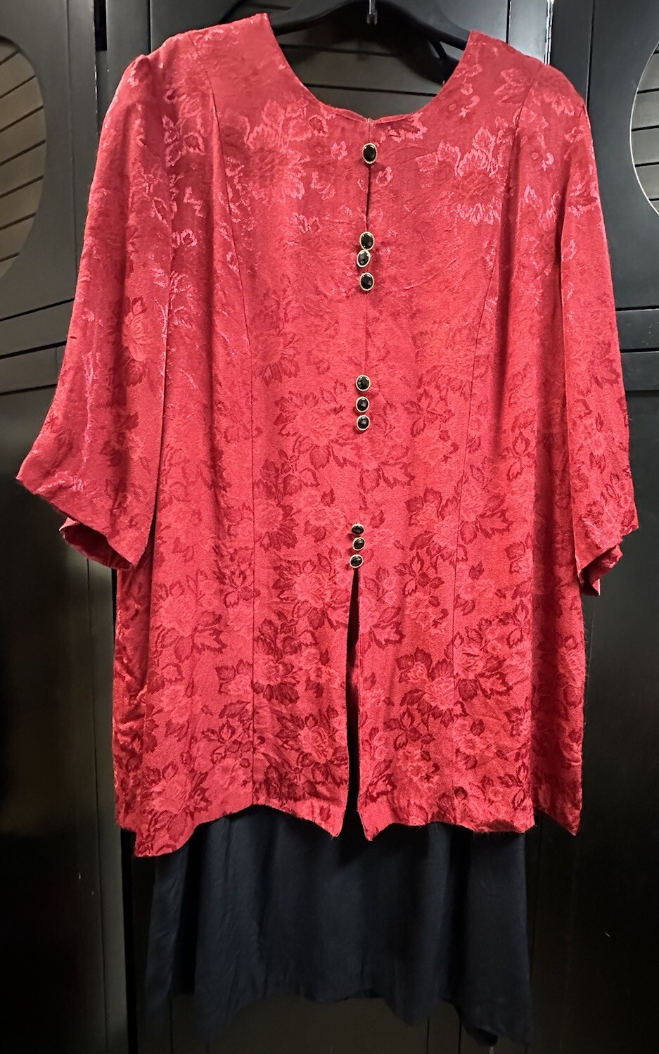 Vtg 1980s TORI ALEXANDER Dress Satin Floral Red Over Black Buttons Plus Size 22W