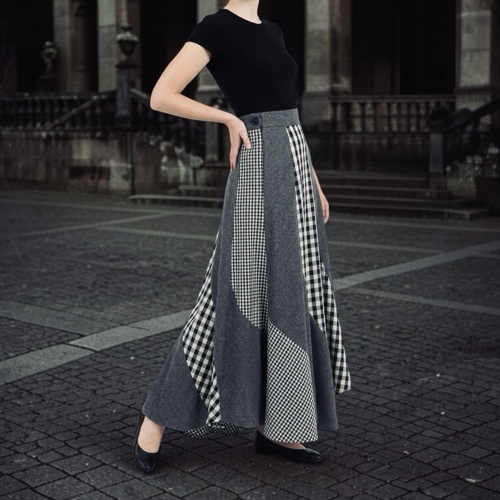 Vintage 70’s ARTBRO Black & White Plaid Check Gray Wool Patchwork Maxi Skirt Sml