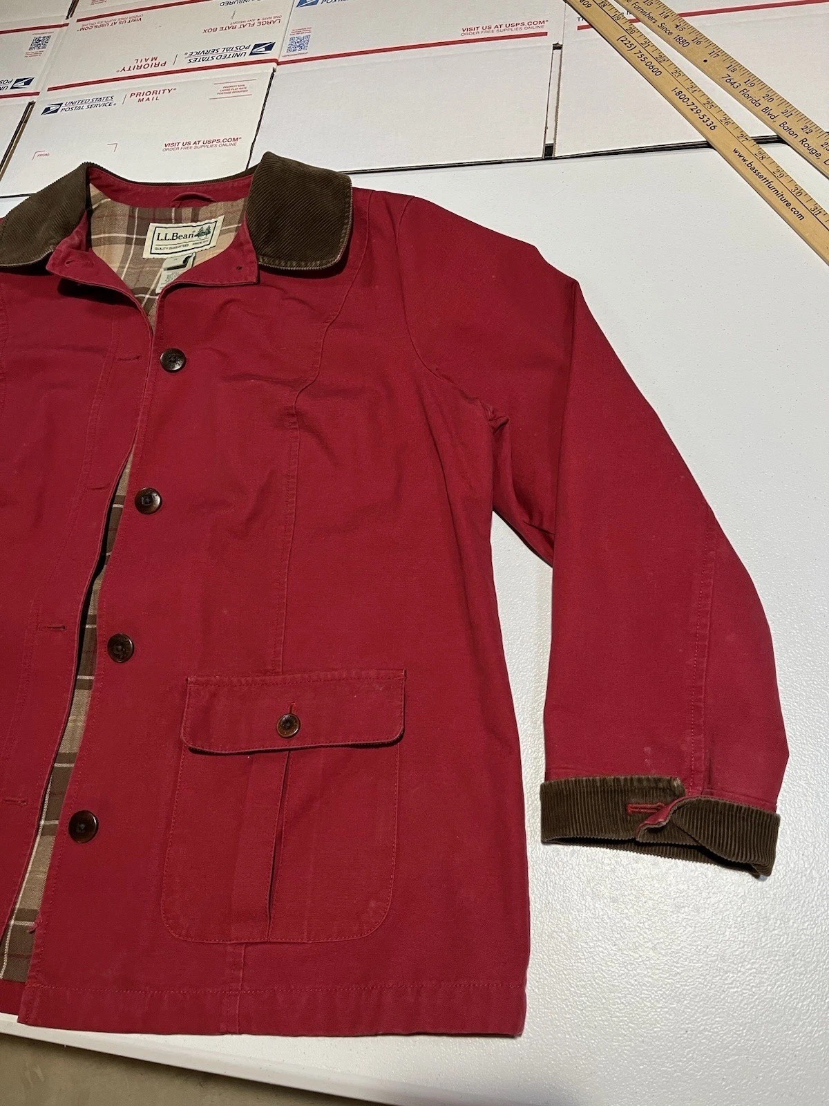 vtg LL Bean Womens XL 1X Red Chore Coat Barn Field Jacket Plaid Lined Corduroy