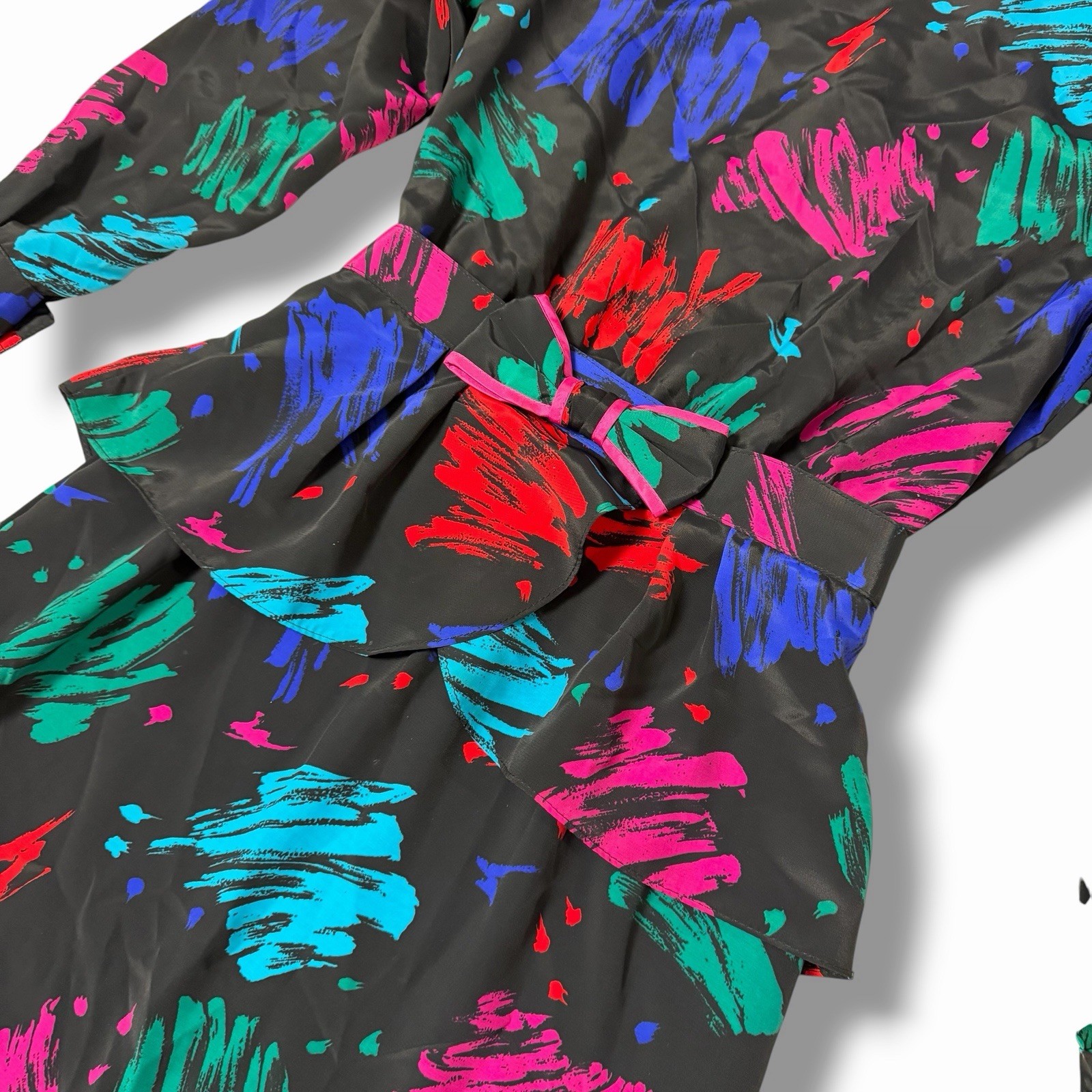 Vintage 80s LANZ Abstract Brushstroke Midi Dress Belted Peplum Pockets Small ?