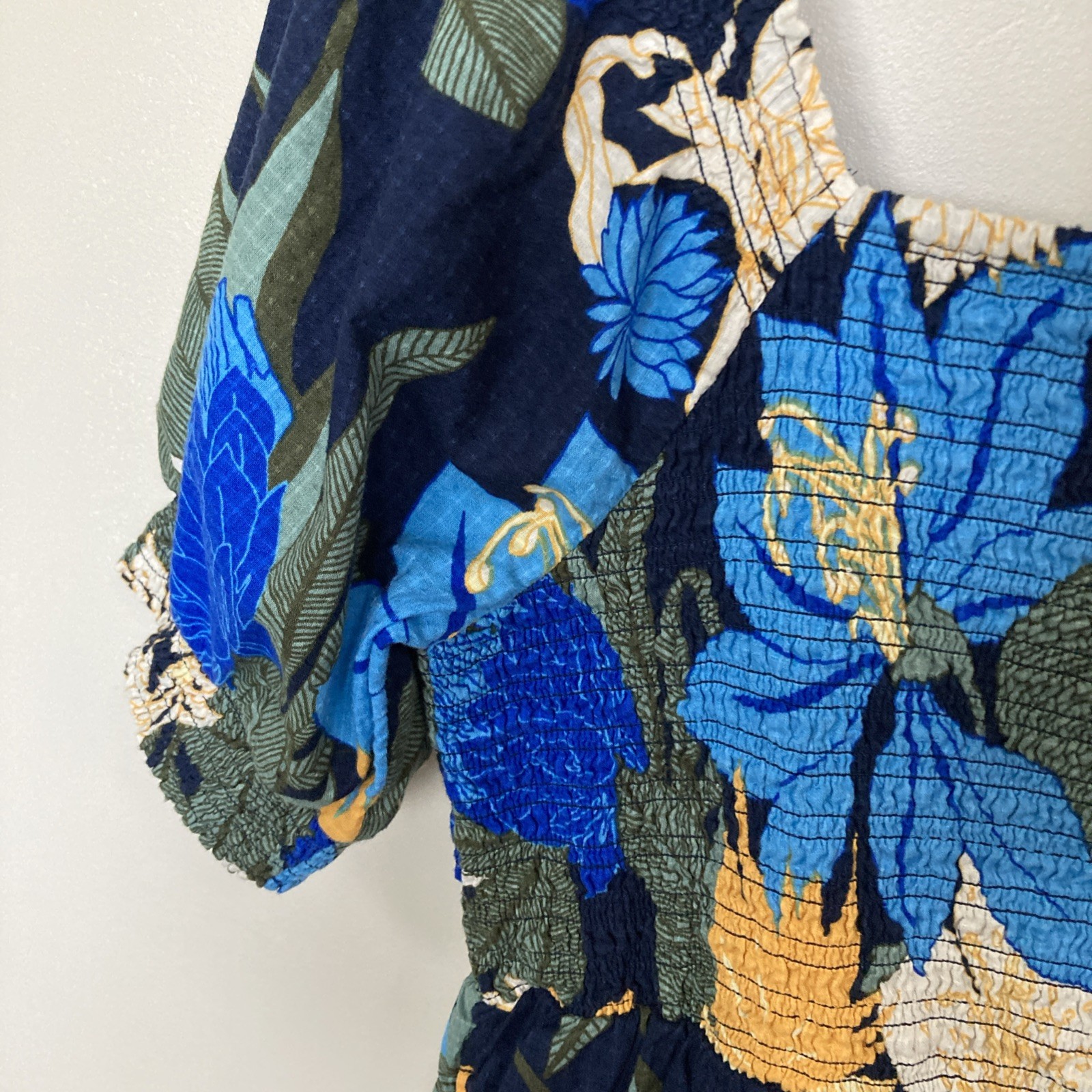 Land’s End Women’s Smocked Peasant Dress L/P 14-16 Blue Yellow Cotton Lined Vtg