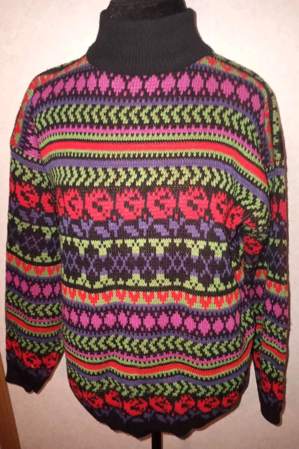 Vintage 80s 90s Jamie Scott Sz M Sweater Fair Isle Nordic Abstract Mock Neck