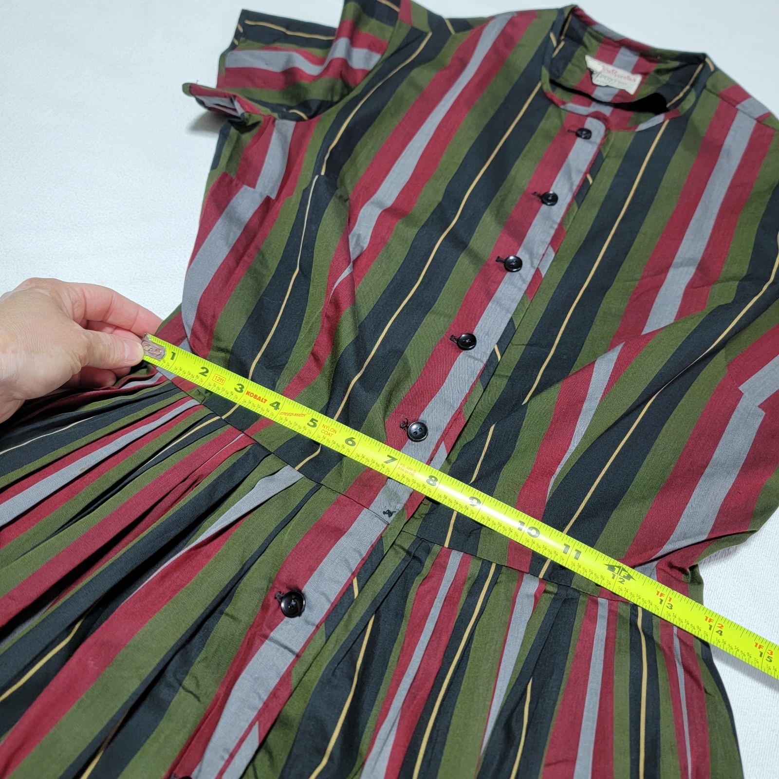 Vintage Bobbie Brooks 60s Striped Day Dress Red Black Green Grey Women Size S/6