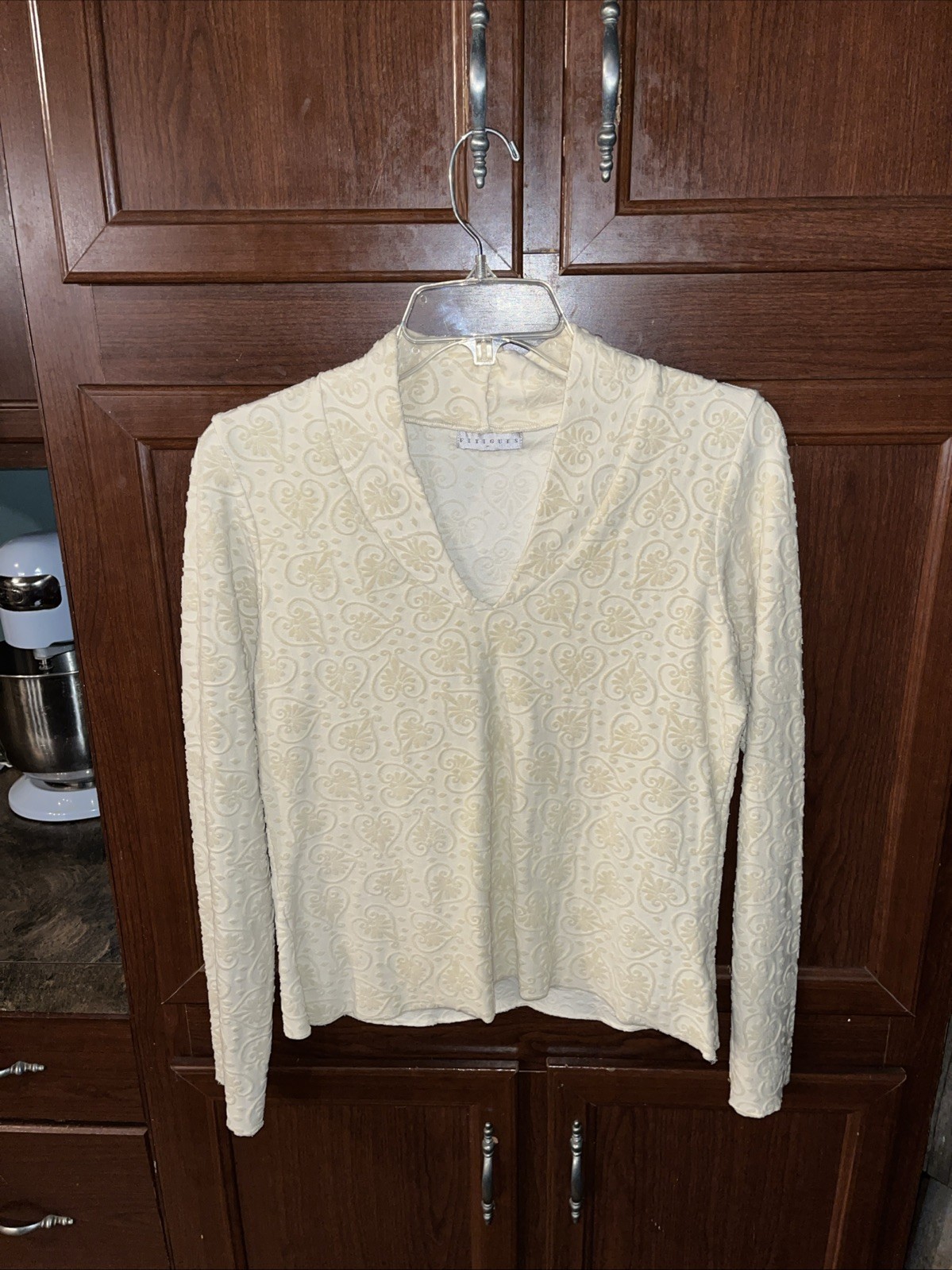 Vtg Fitigues Blouse Large Ecru Textured Hearts Cotton/polyamide Long Sleeve