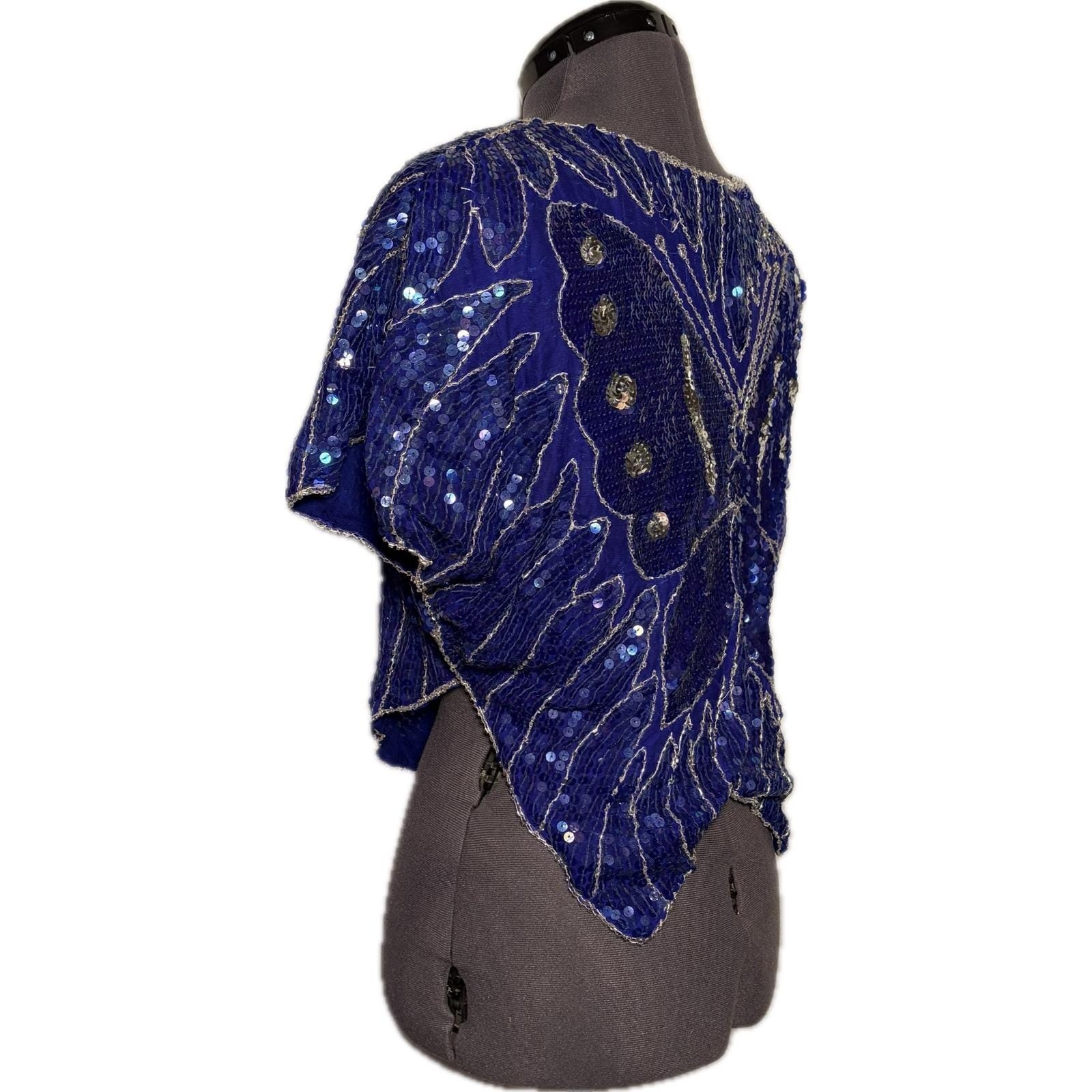 Vtg 70s Blue Butterfly Sequin Beaded Silk Top Disco Party Blouse B40 W30 S DMG