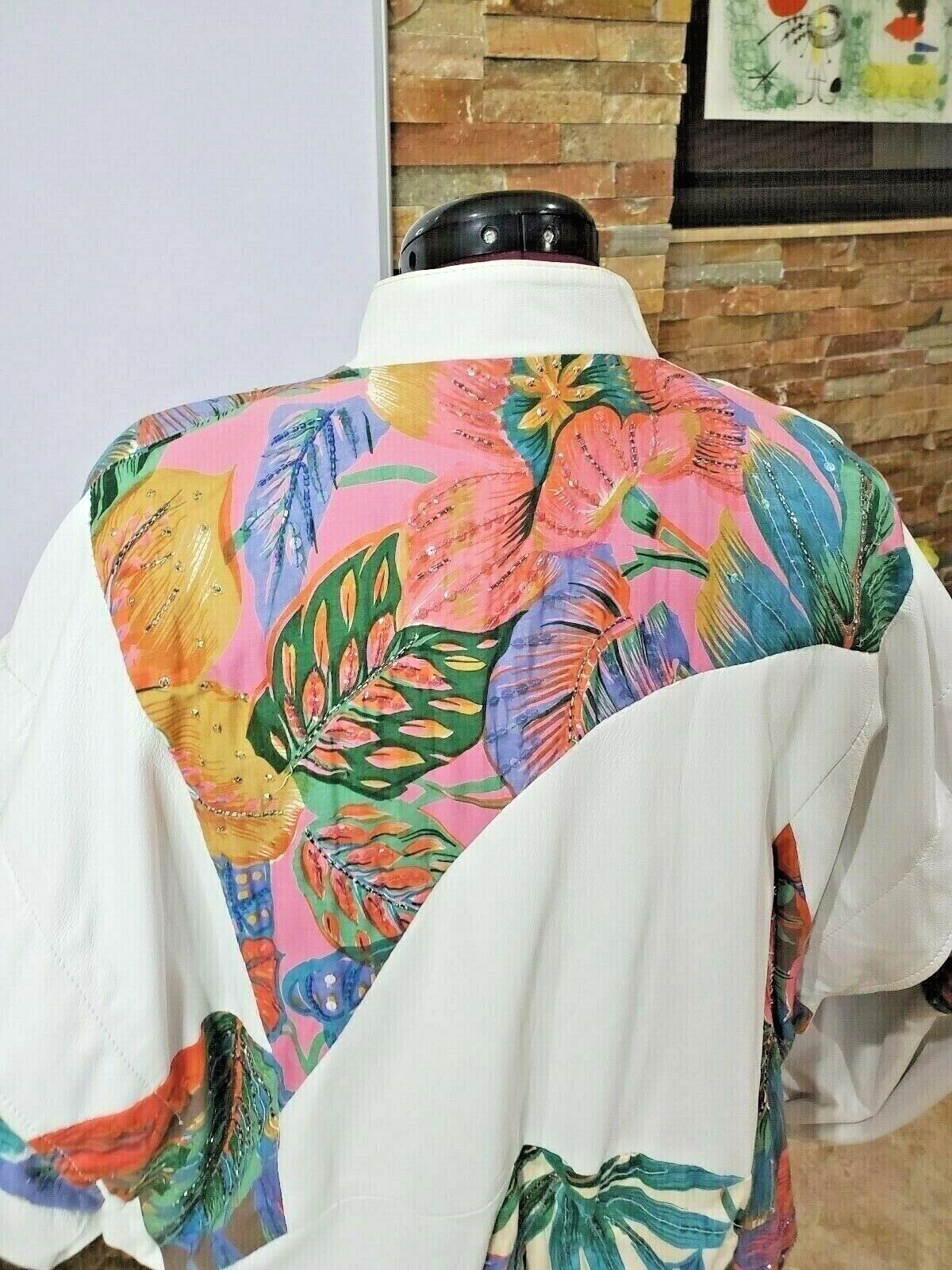 VTG Judith Ann Creation Sequin Beaded White Leather Jacket US L 10-2 Linen 90s