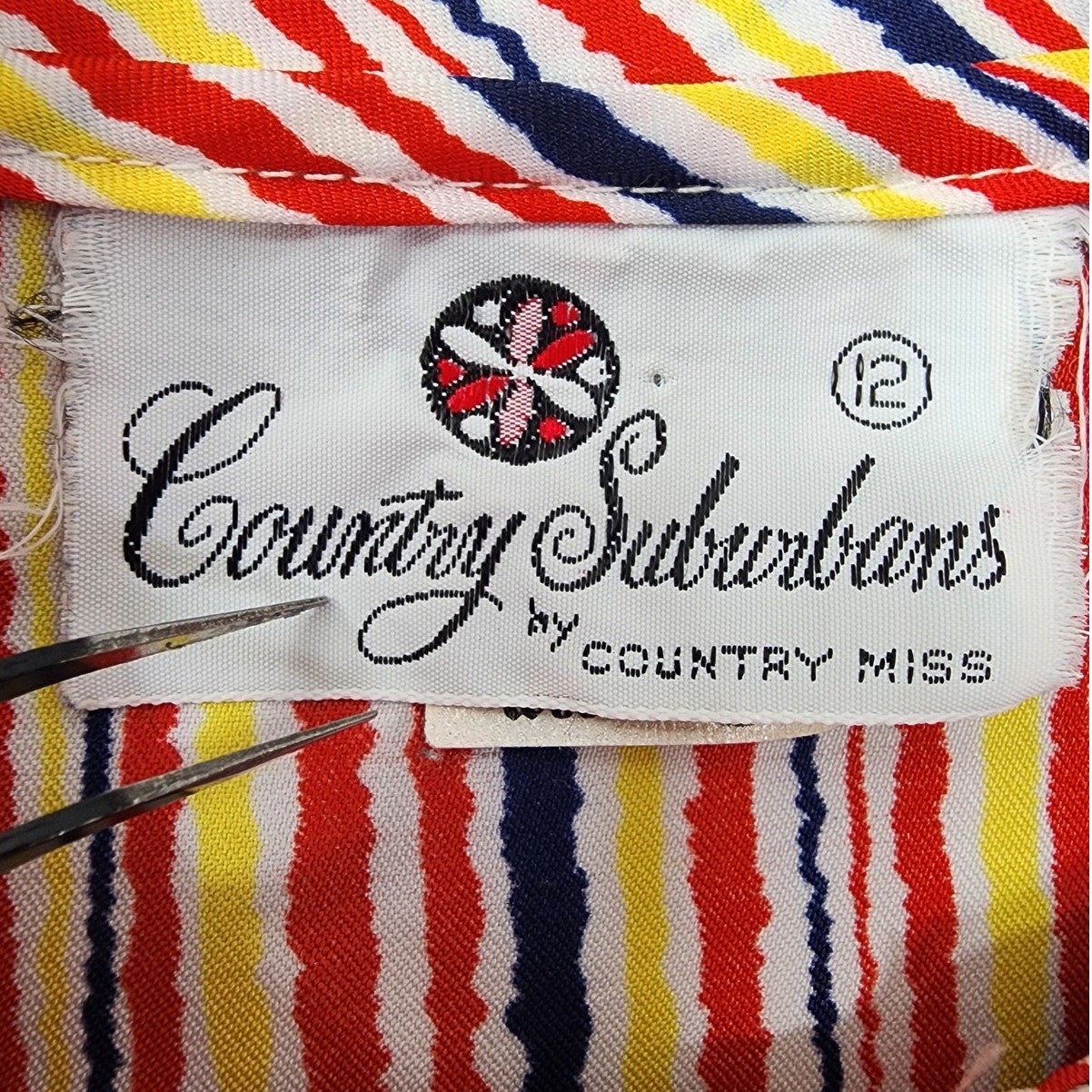 Vintage Country Suburbans Top Womens M Red Yellow Blue Striped Tie Neck Preppy