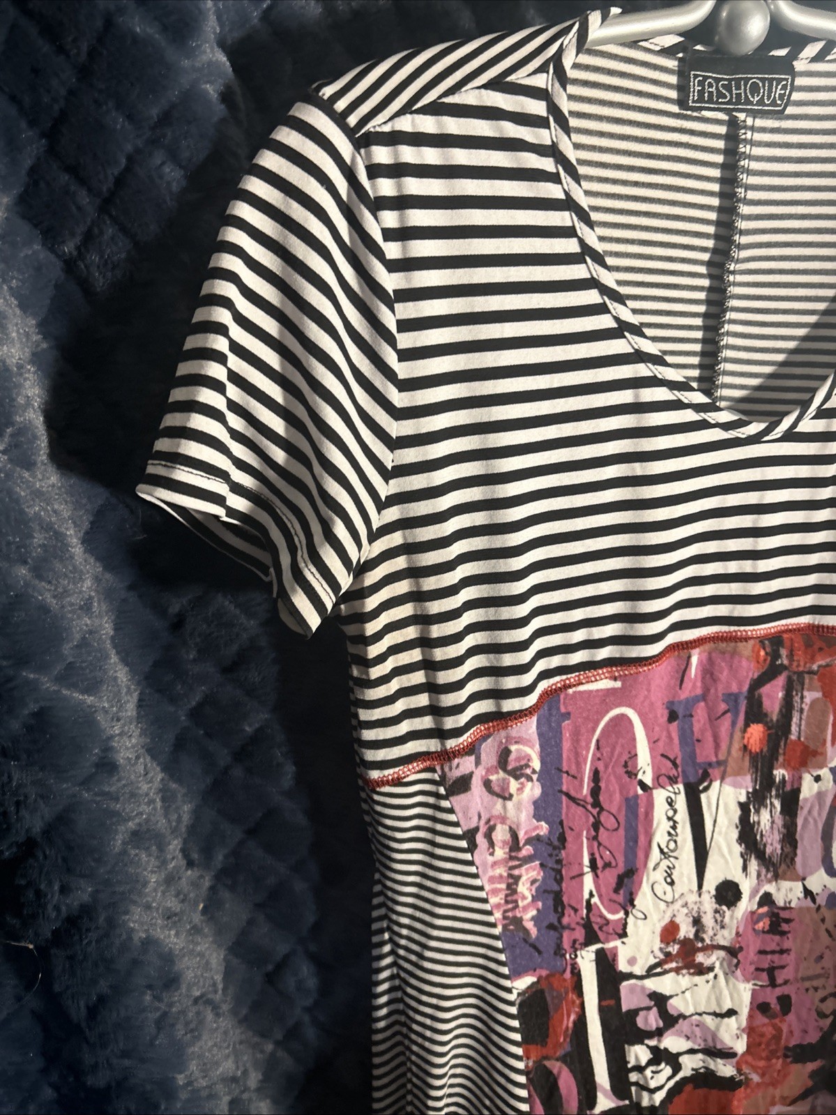 Vintage Mixed Media Funky Woman’s Black & White strip 80’s Style Fashque Dress