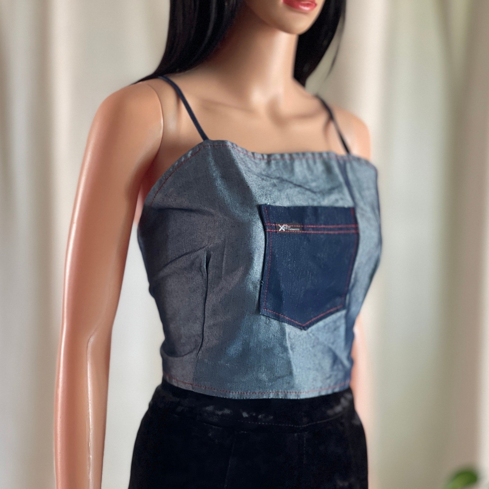 Vintage 90s Y2K Denim Metallic Crop Top Blue Streetwear Grunge Indie Festival XL