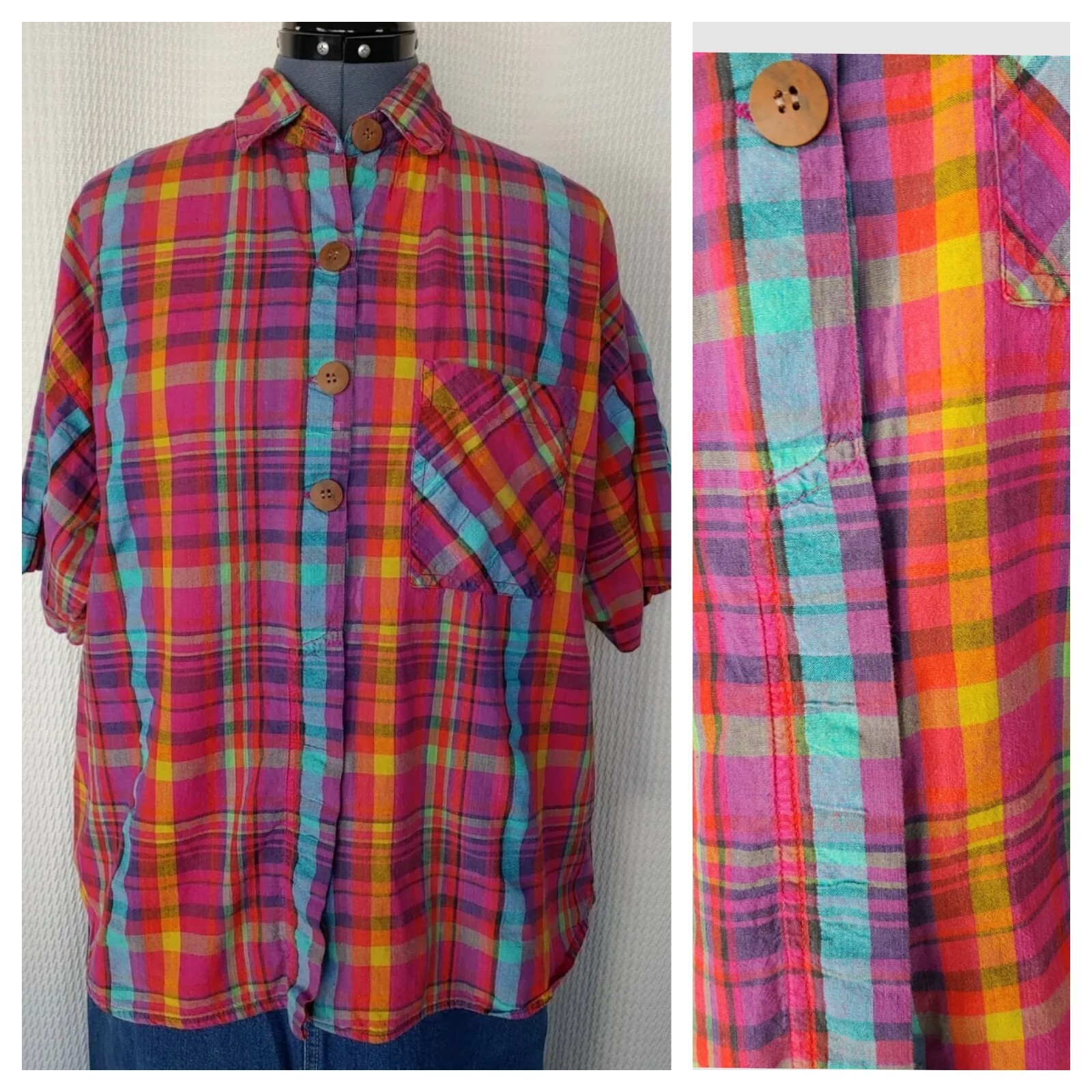 Vintage Honors Oversized S/S Pink Plaid Button Down Top Size Large