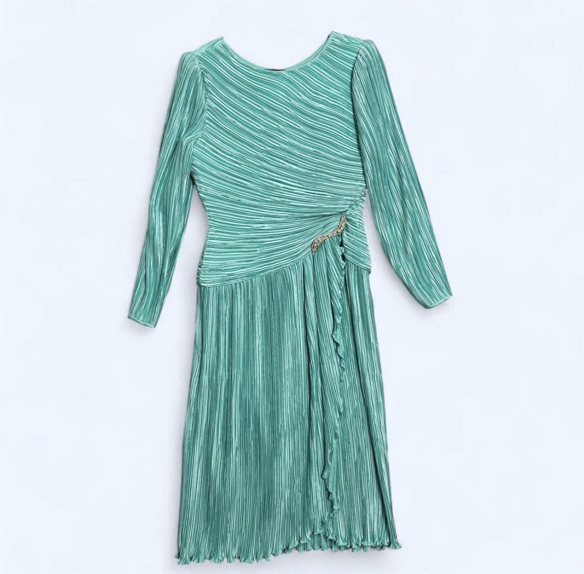 Vintage 80s George F. Couture Turquoise Plisse Satin Prom Gown Sz 10 Mermaidcore