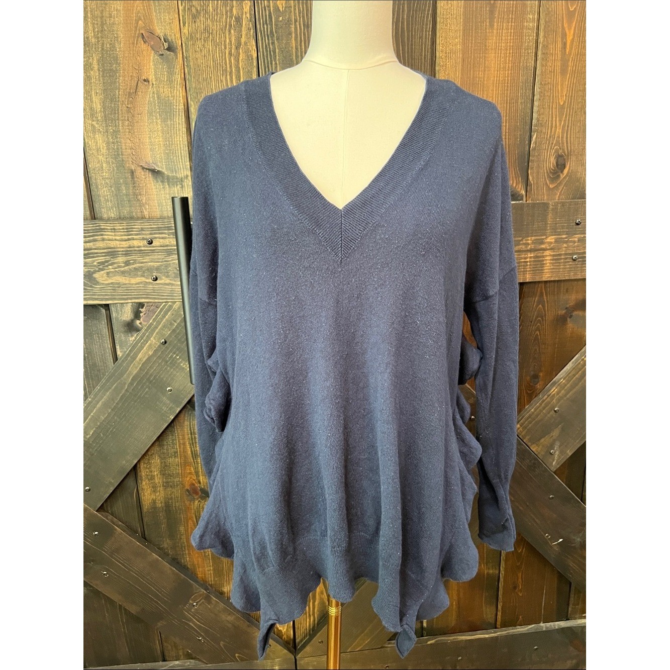 Anthro Moth Blue Oversized Wool Blend Ruffle Tunic Sweater S Boho Chic Lagenlook