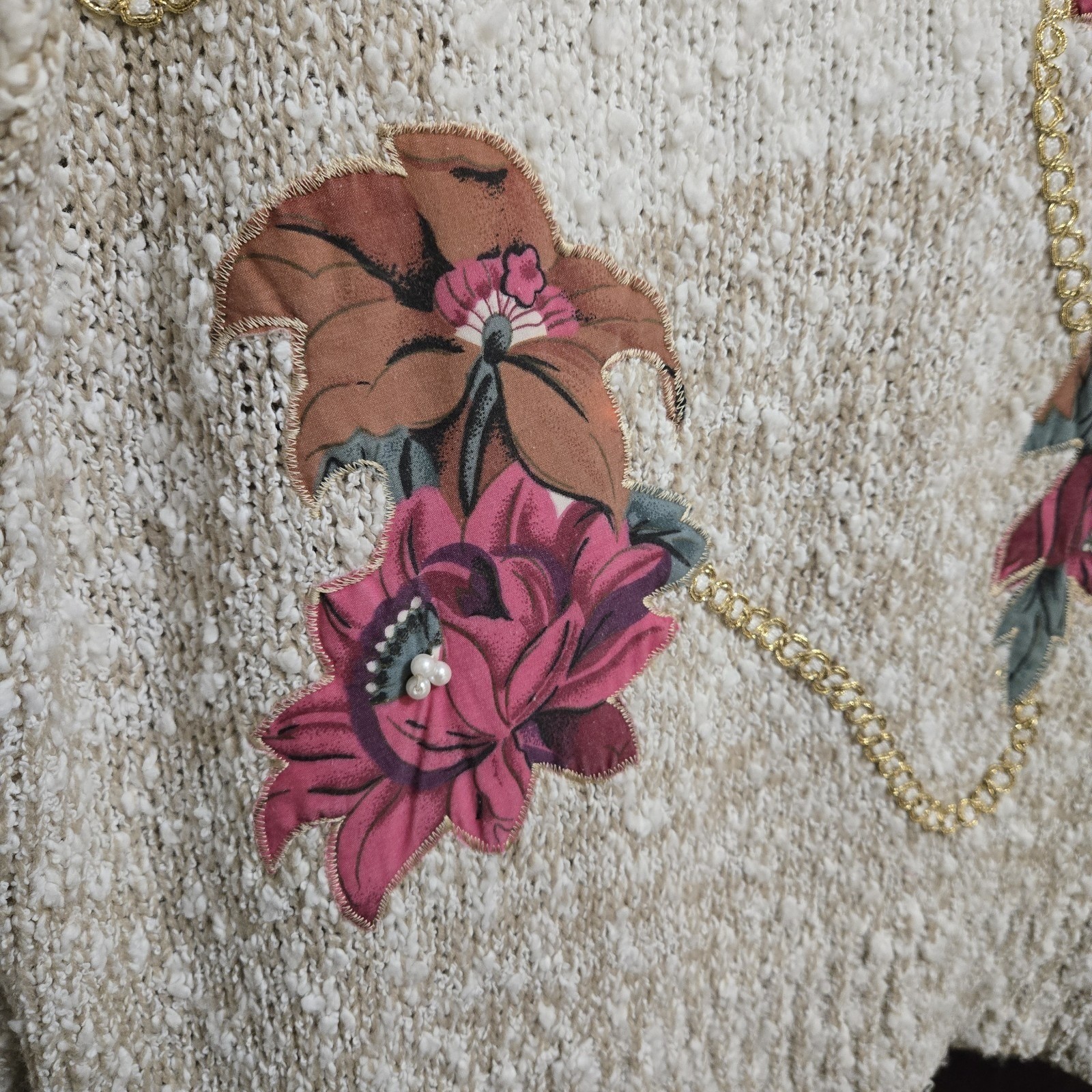 Needles & Yarn Vintage Popcorn Knit Floral Applique Sweater Pearl Accents Medium